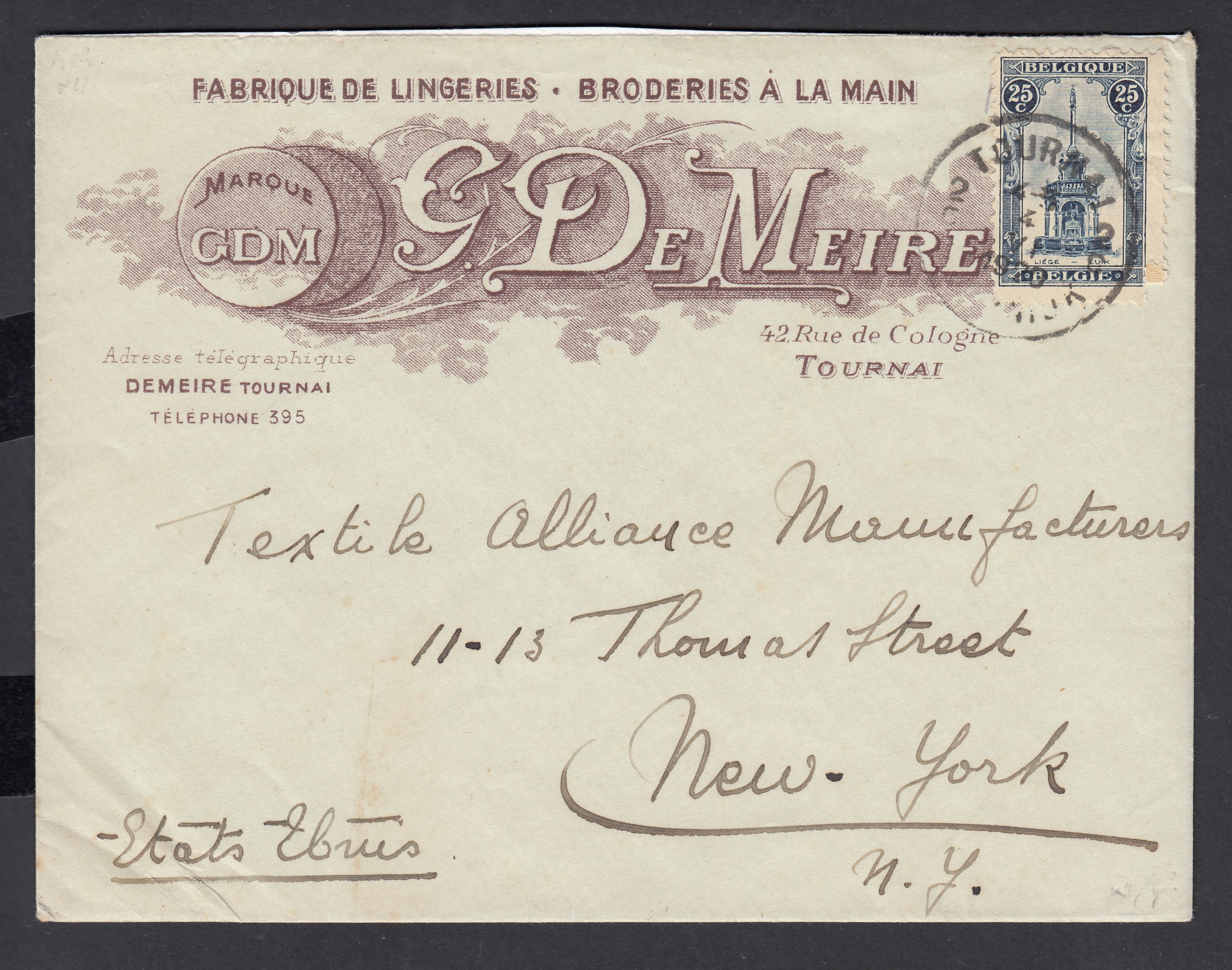Perron de Liège sur lettre à entête commerciale illustrée (Fabrique de lingeries) de Tournai le 4.VI.1920 vers New-York.