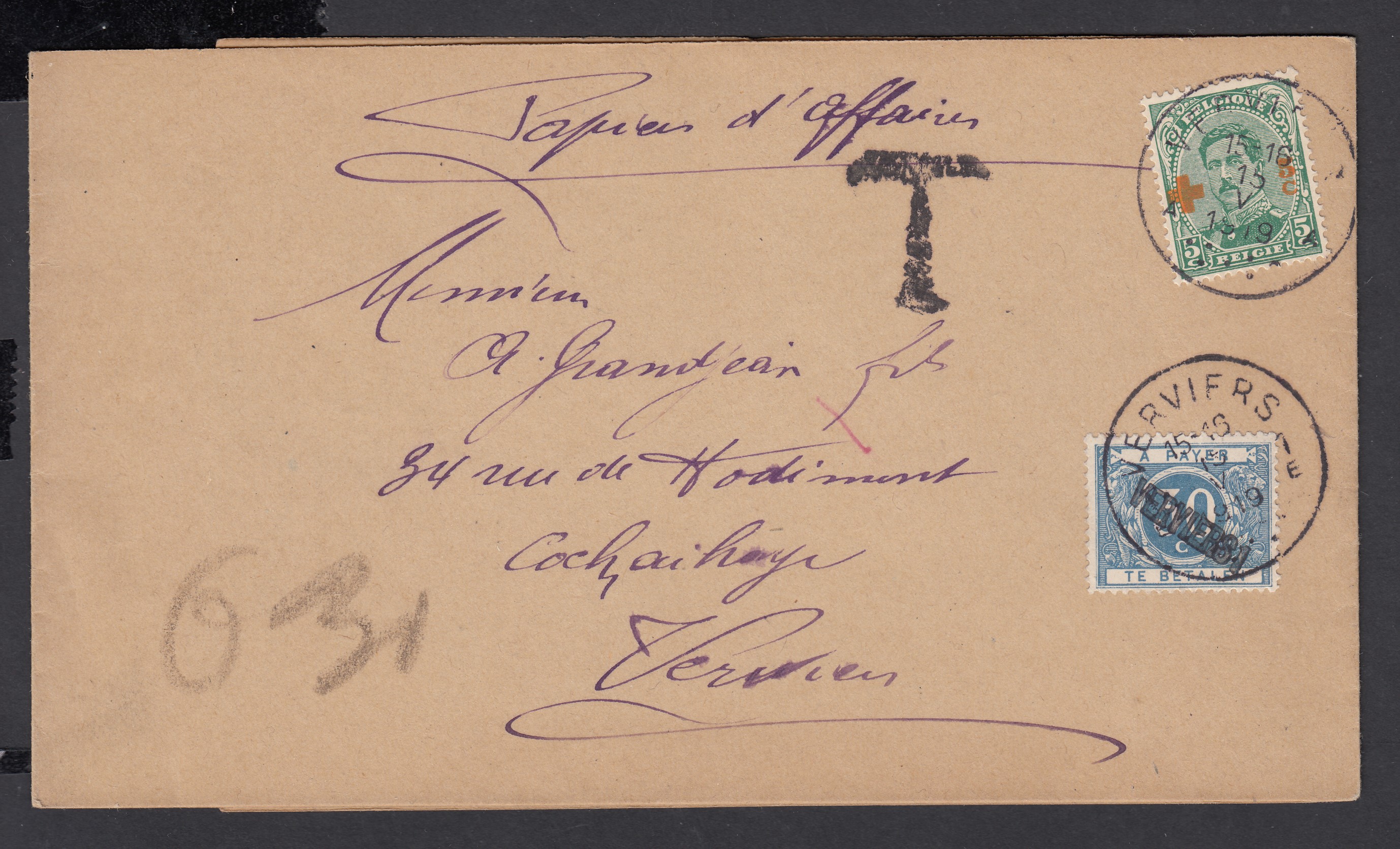 n°152 sur Bande pour documents ( Manuscrit « Papiers d'Affaires » ) lettre de et vers Verviers le 15.V.1919. Taxée 30c à l'arrivée par Tx15A.