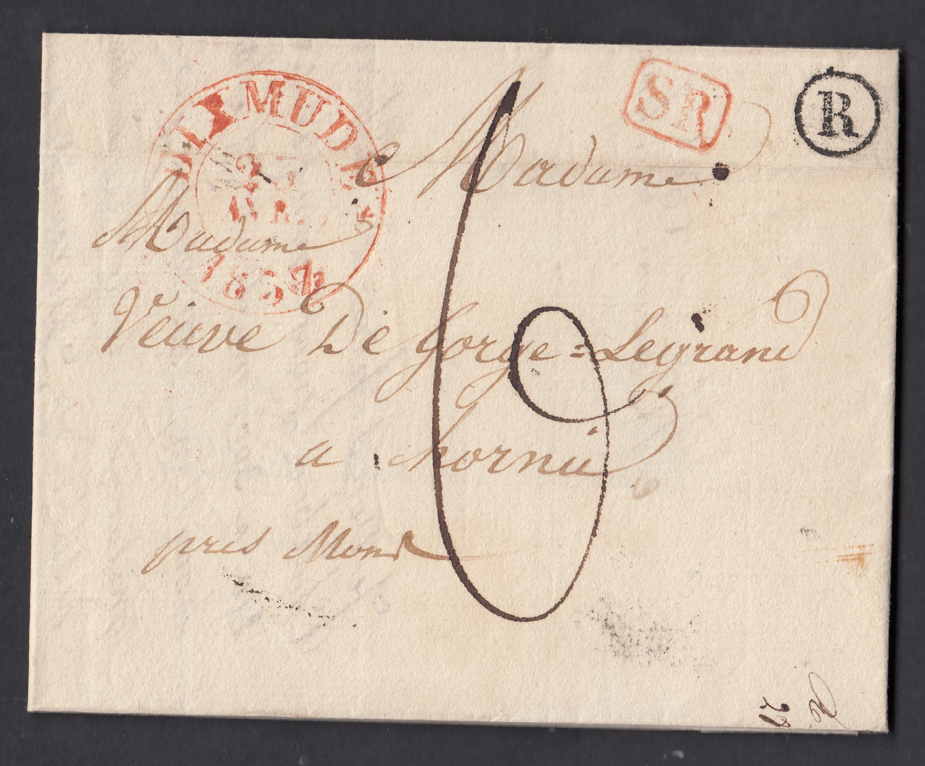 LAC datée de Werethen le 19 avril 1834,de la boîte rurale « R » via Dixmude vers Hornu. Taxation « 6 » au recto.