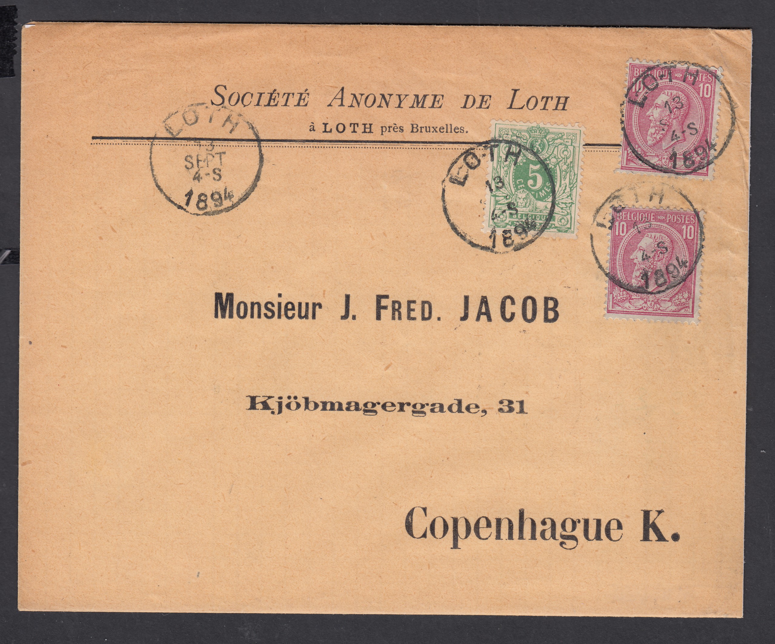 n°45 +46 x2 sur lettre de Loth le 13 sept 1894 vers Copenhague. Càd au verso.