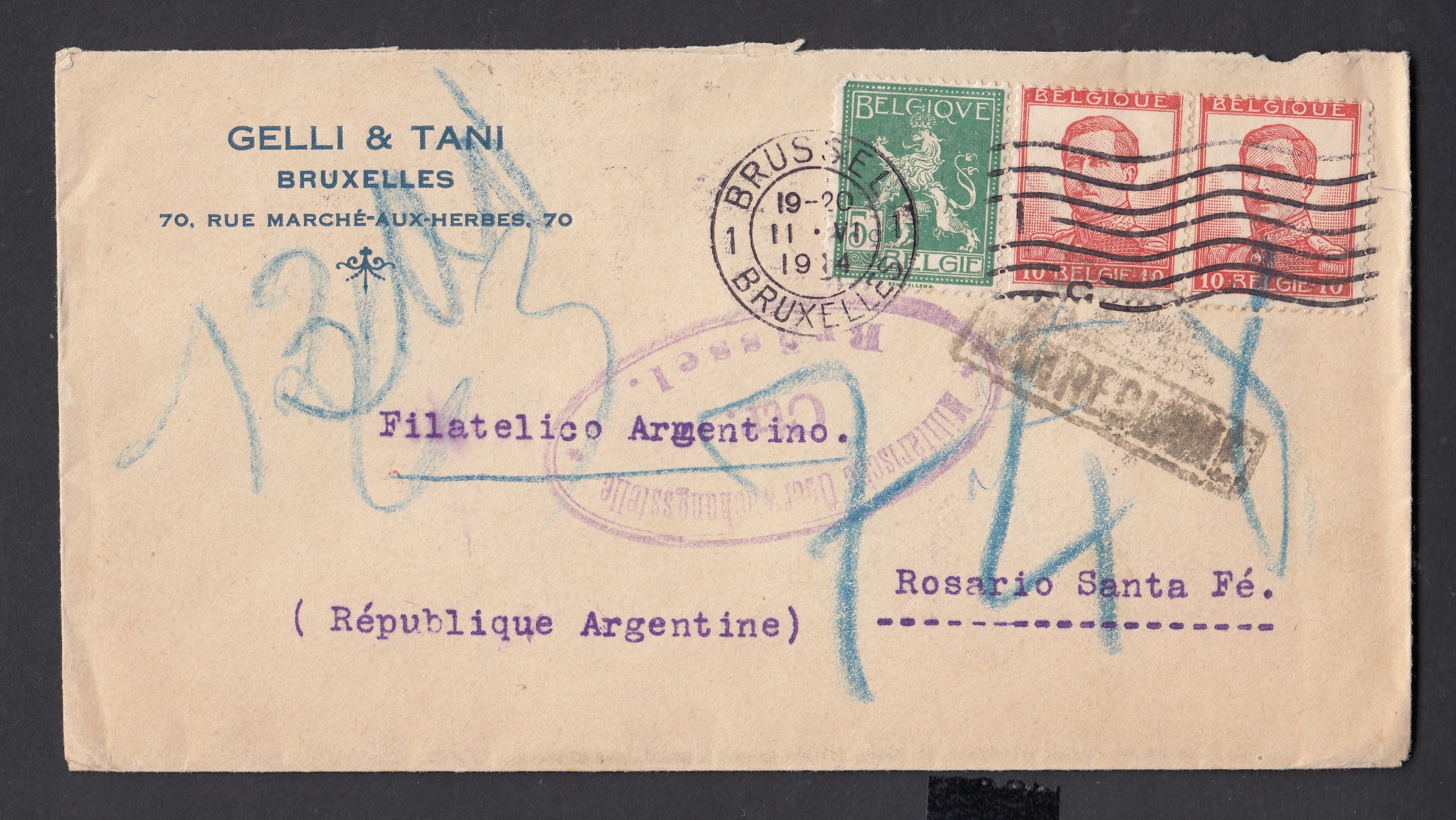 Pellens - n°110 +123 en paire sur lettre de BXL. le 11.VI.1914 ( Cachet ovale de censure au recto) vers Rosario, Argentine. Càd au verso.