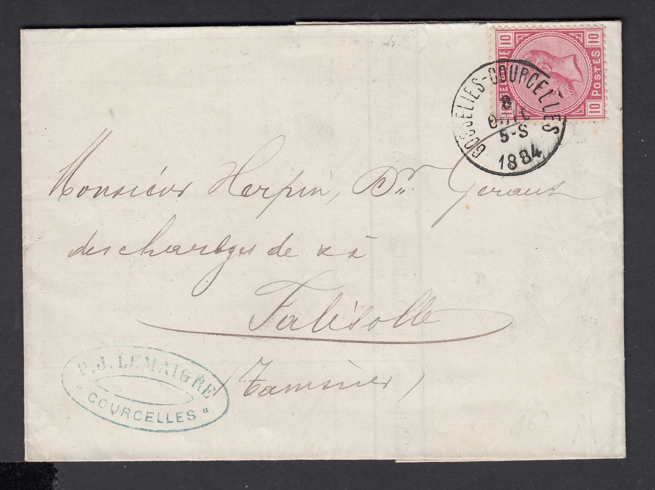 n°38 sur lettre (LAC) de Gosselies-Courcelles le 8 JUIL.1884 vers Falisolle. Càd à Tamines au verso.