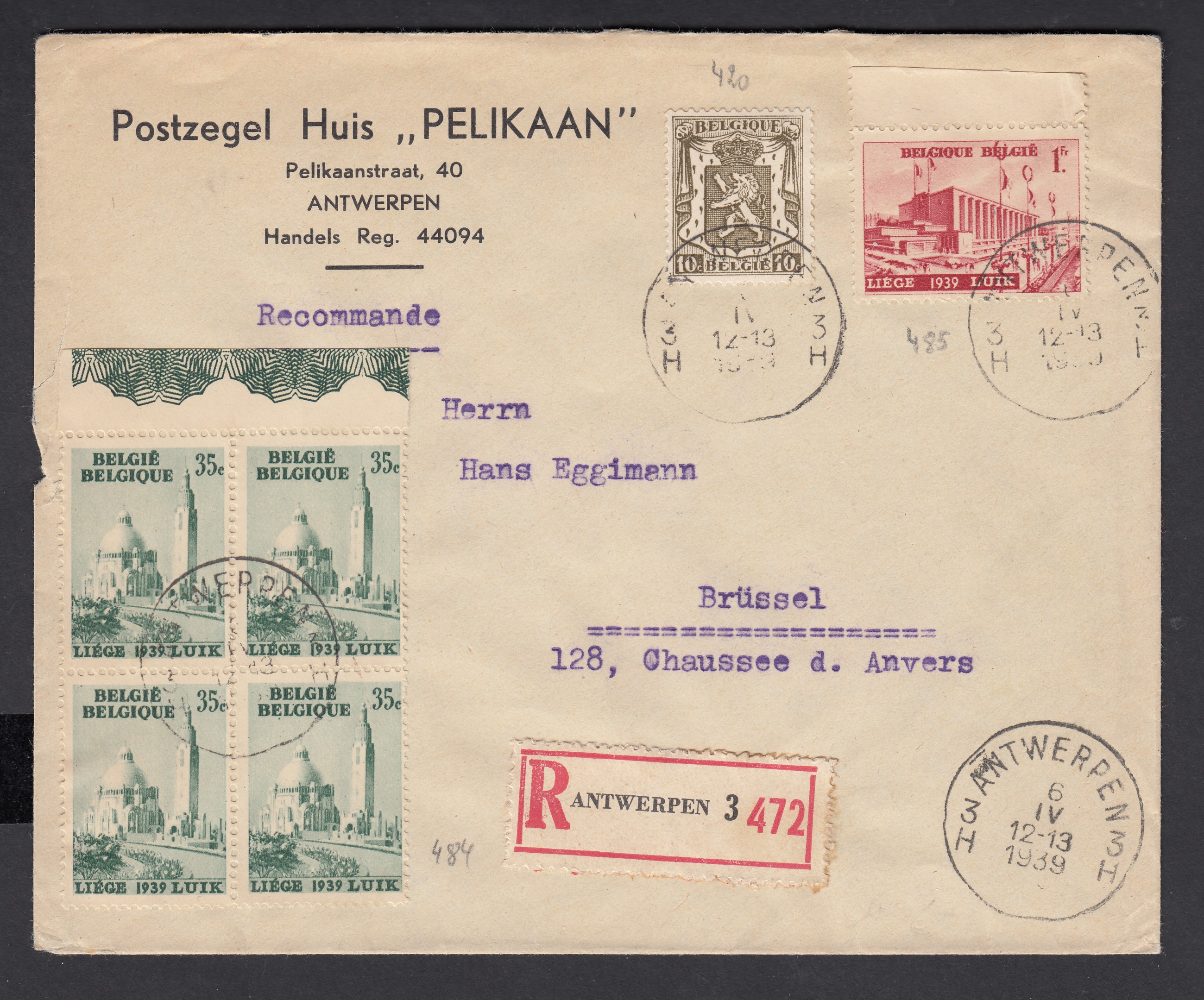 420 +484 en bloc de 4 +485 sur lettre en recommandé d'Antwerpen le 6.IV.1939 vers BXL.. Vignette de fermeture au verso.