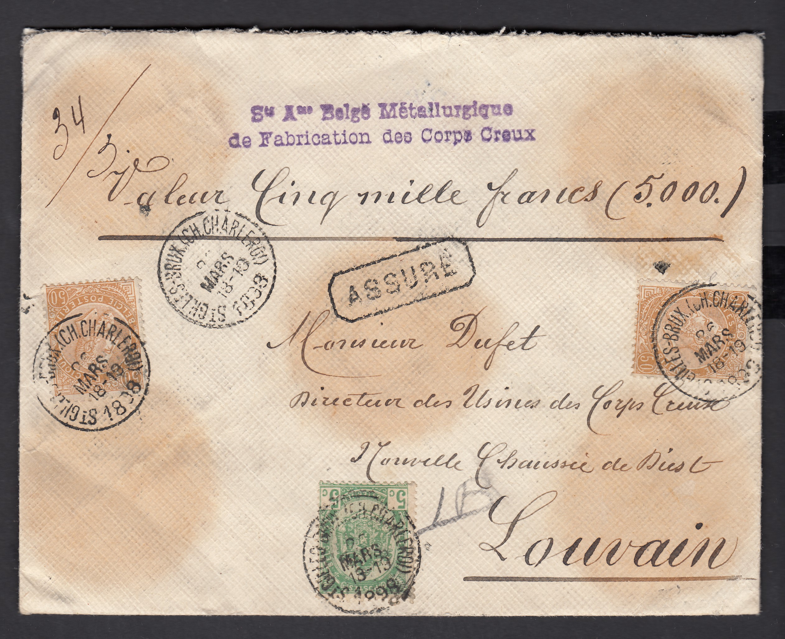 n°56 et 62x2 sur lettre en valeur assurée de 5000Frs de St-Gilles-BXL. (CH.CHARLEROI) le 26 mars 1898 vers Louvain. Càd au verso. TB Cachet de cire