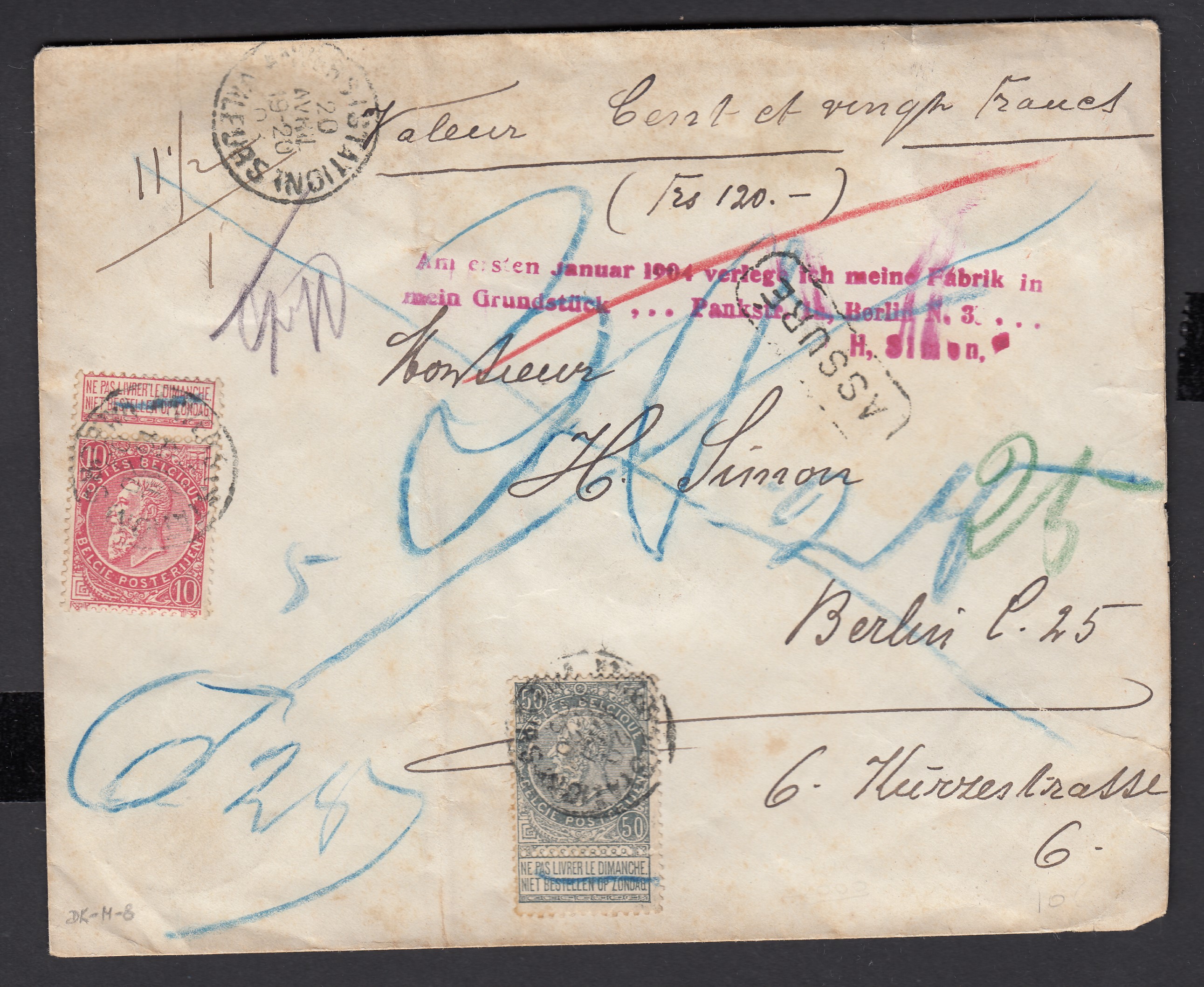 n°58 +63 sur lettre en valeur assurée de 120Frs d'Anvers (Station) le 20 avril 1903 vers Berlin. Càd au verso. Griffe allemande privée en rouge au recto, adresse biffée et retour ( Manuscrit « Refusé par... » au verso).