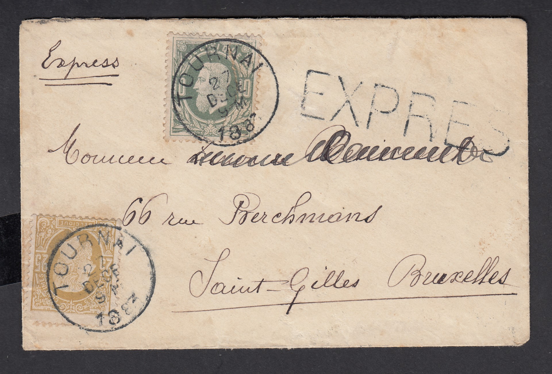 n°30 +32 sur lettre en exprès de Tournai le 27 dec 1883 vers St-Gilles BXL.. Càd au verso.
