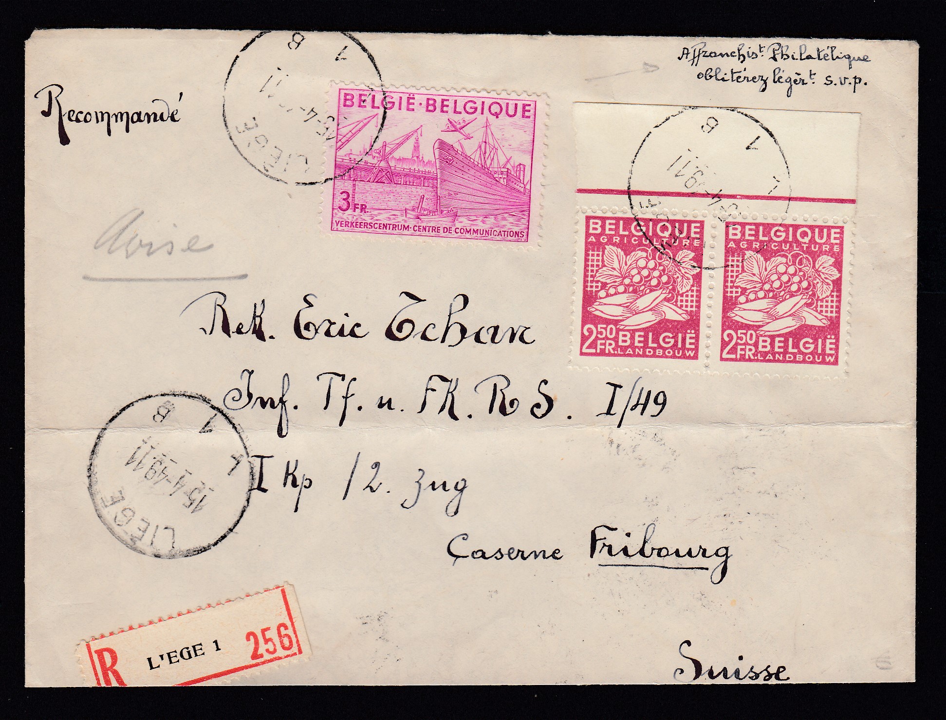 769 en paire Bdf +770 sur lettre en recommandé de Liège le 15.4.1949 vers Fribourg, Suisse. Càd +2 vignettes au verso.