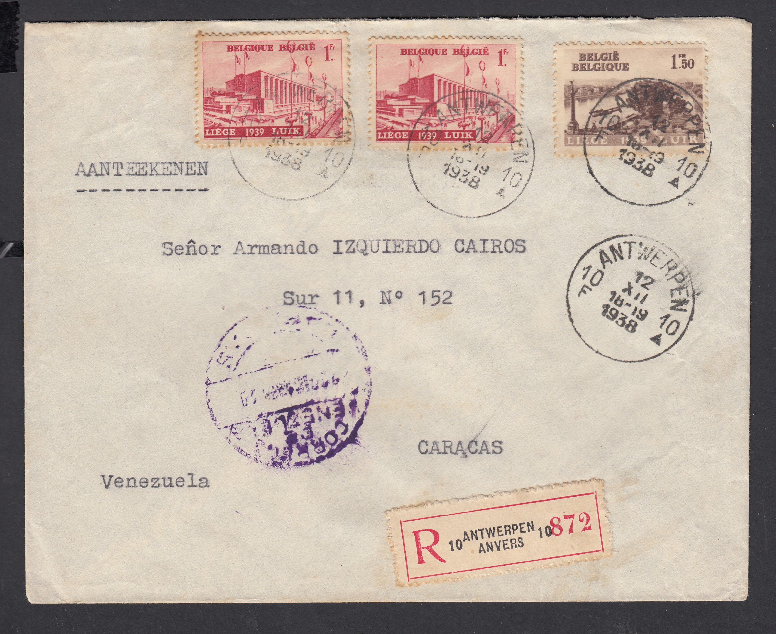 485x2 +486 sur lettre en recommandé d'Antwerpen le 12.XII.1938 vers Caracas, Vénézuela. Vignette de fermeture au verso (Liège 1930)