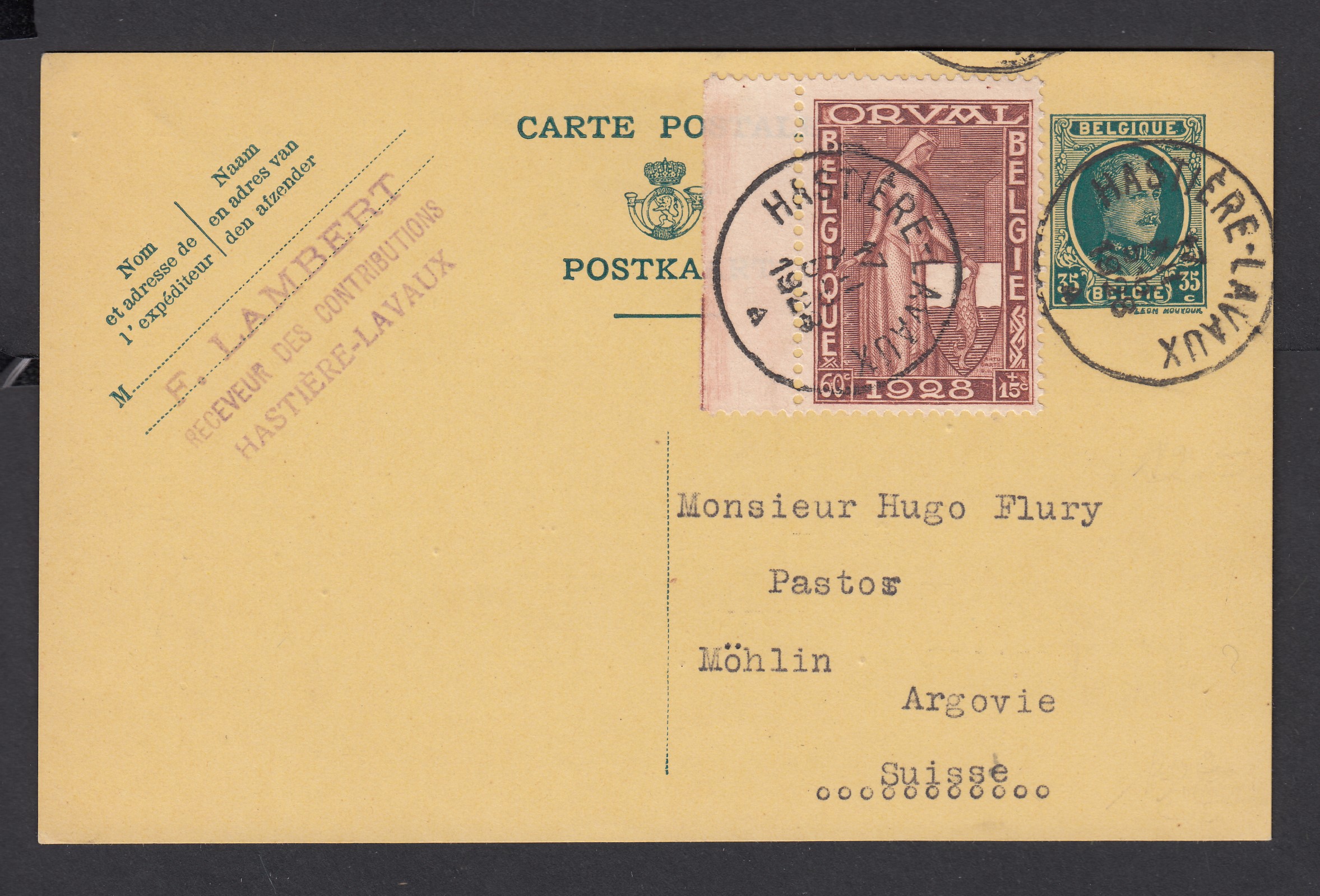 261 Bdf sur Ep35c type « Houyoux » expédié de Hastière-Lavaux le 17.XII.1924 vers Möhlin, Suisse / Orval.