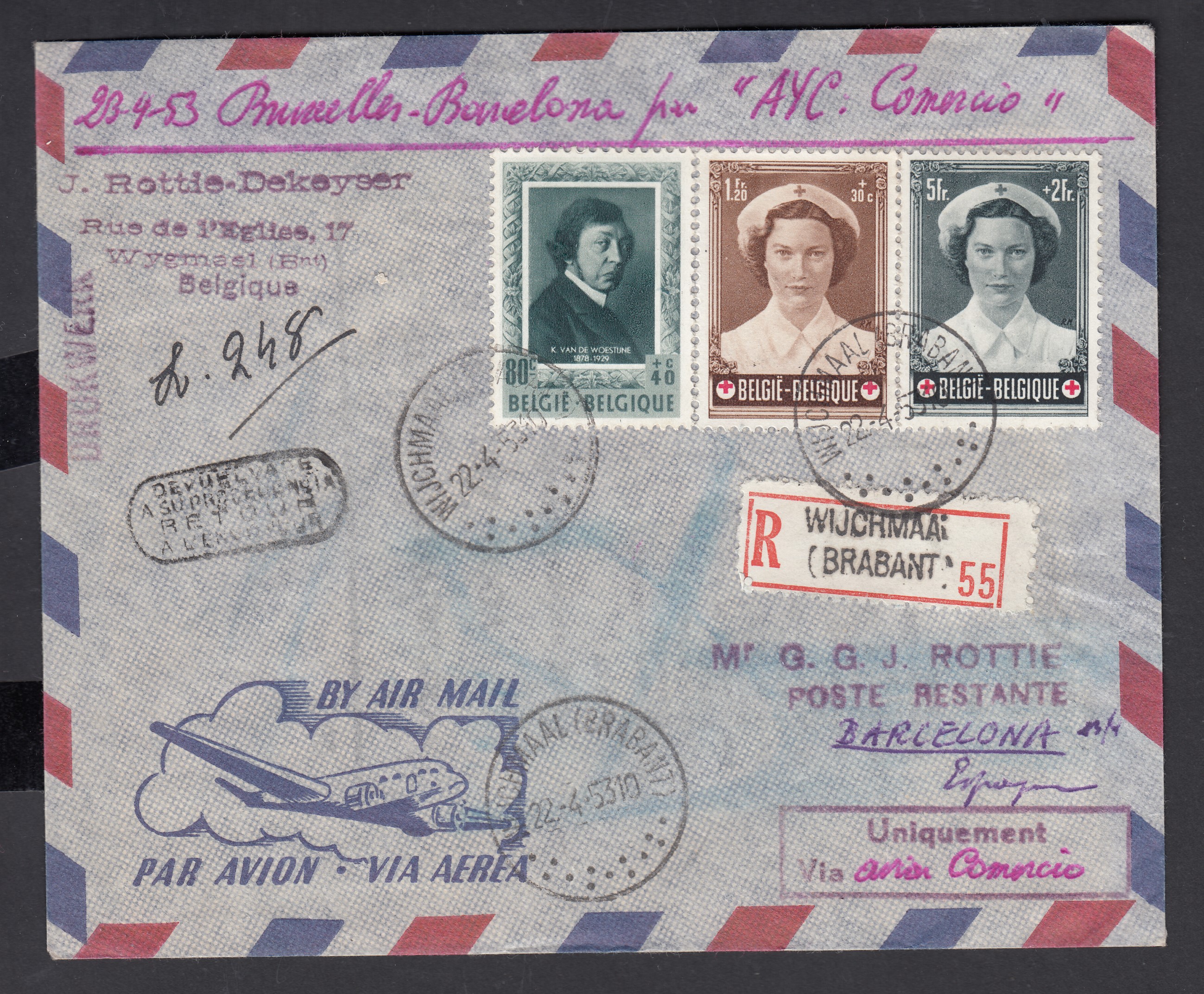 Vol BXL.-BARCELONE du 23 avril 1953 : 892 +913 +917 sur lettre par avion de Wijchemaal le 22/4/53 vers Barcelone.