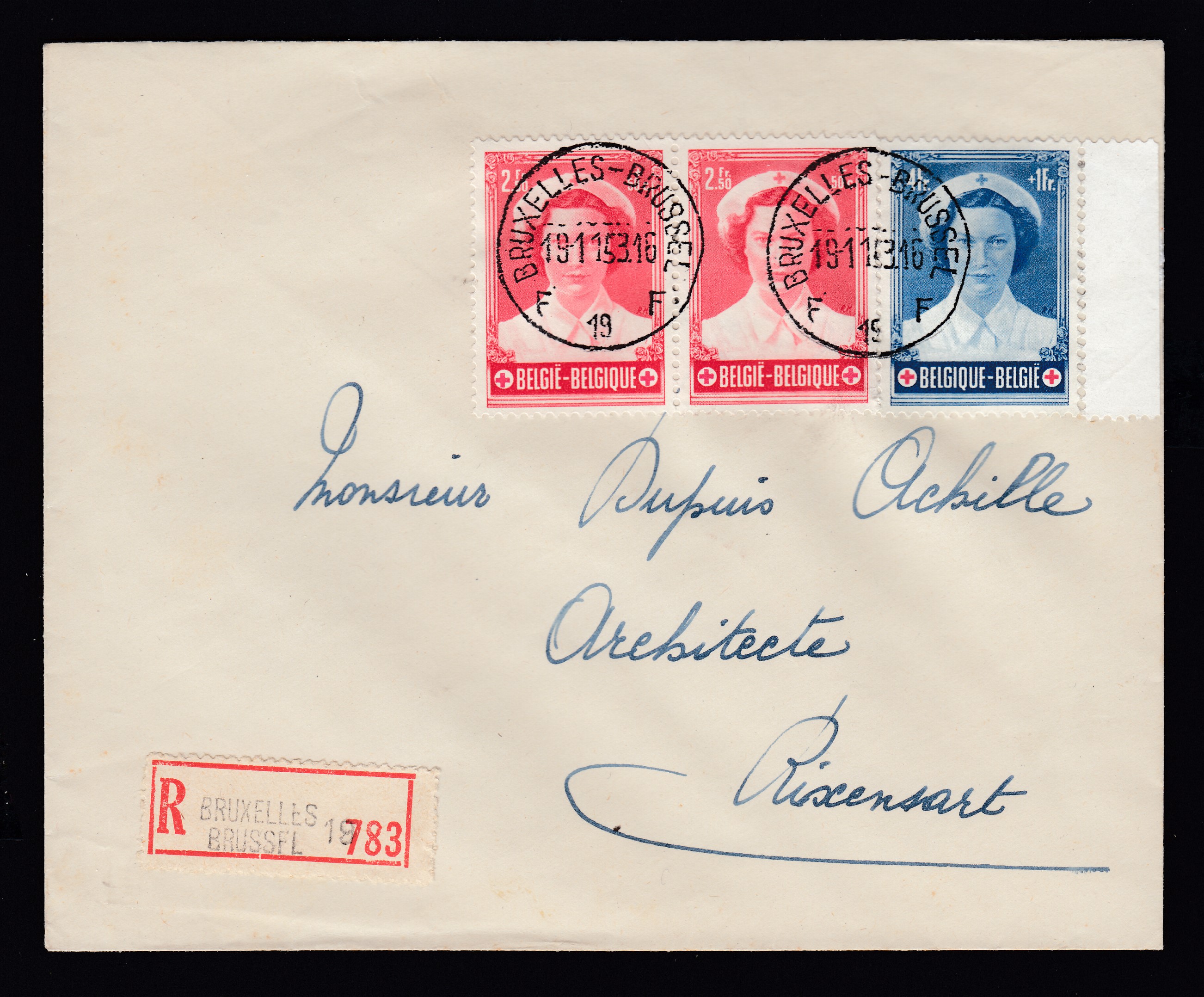 914 x2 +916 sur lettre en recommandé de BXL. 19 le 9 nov.1953 vers Rixensart.