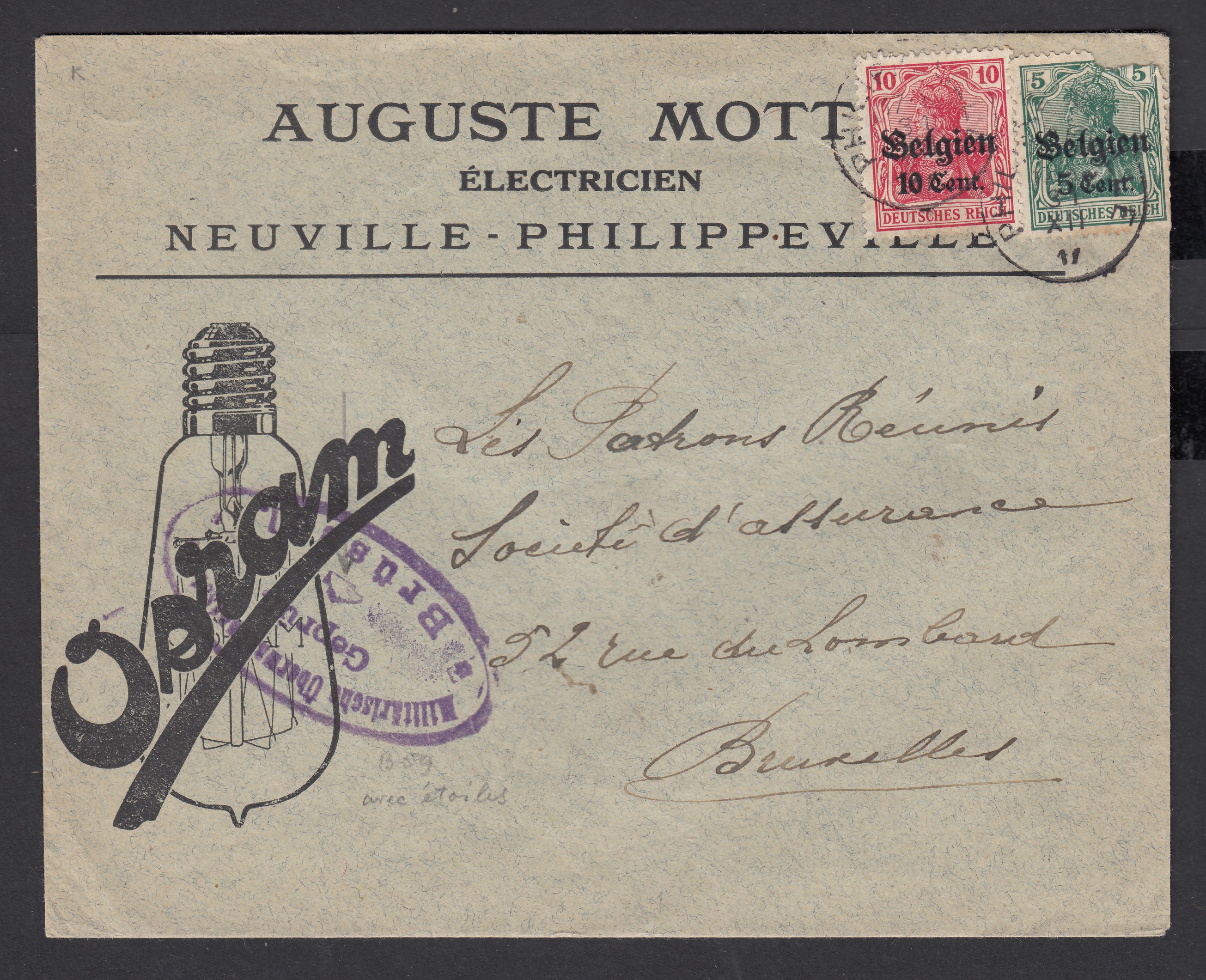 Oc12 +Oc14 sur lettre publicitaire illustrée « Lampes Osram » de Philippeville le 5.XII.1917 vers BXL. ( Cachet ovale de censure au recto).