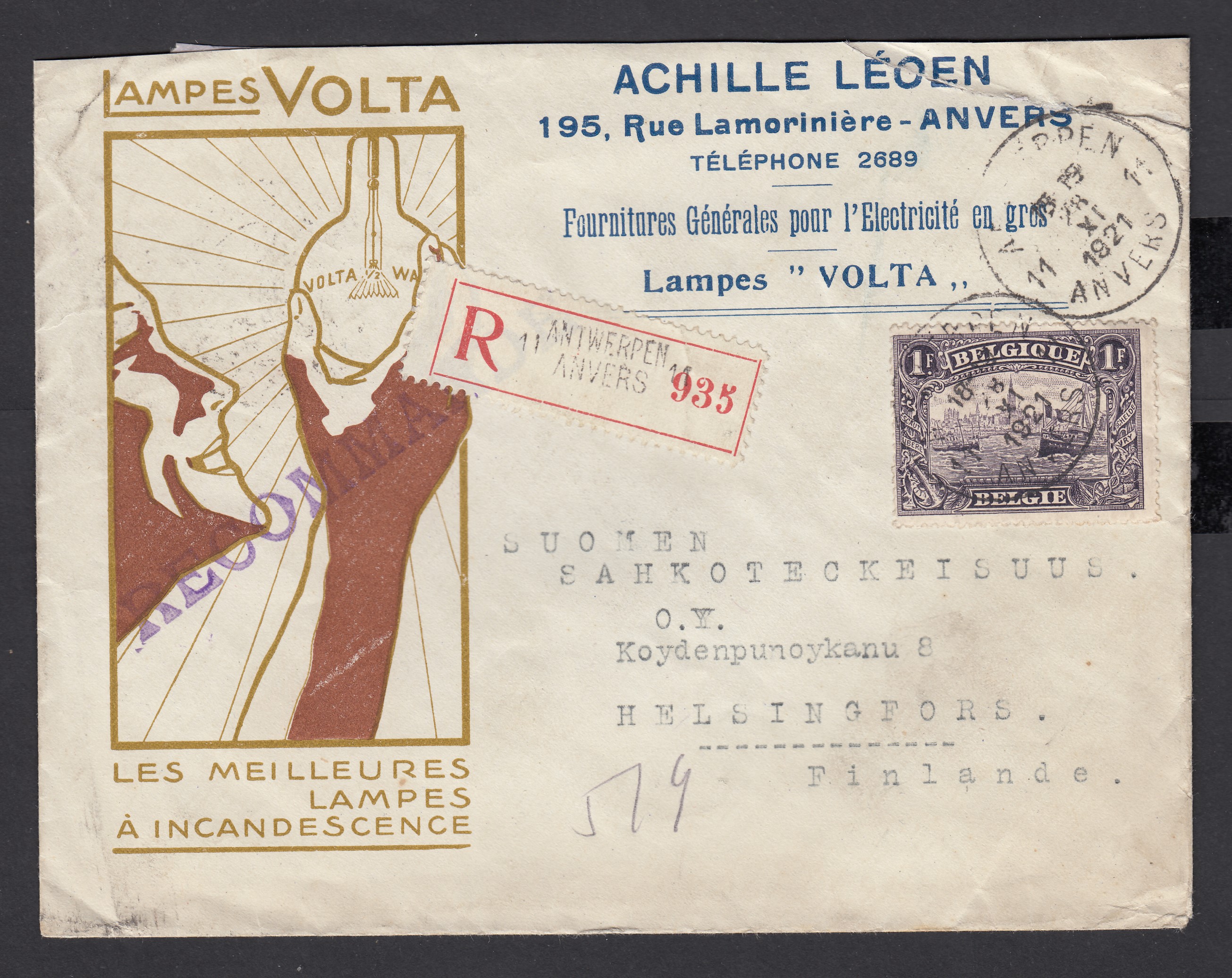Albert I - n°145 sur lettre publicitaire illustrée « Lampes WOLTA » en recommandé d'Antwerpen le 28.XI.1921 vers la Finlande. Càd +vignette au verso.