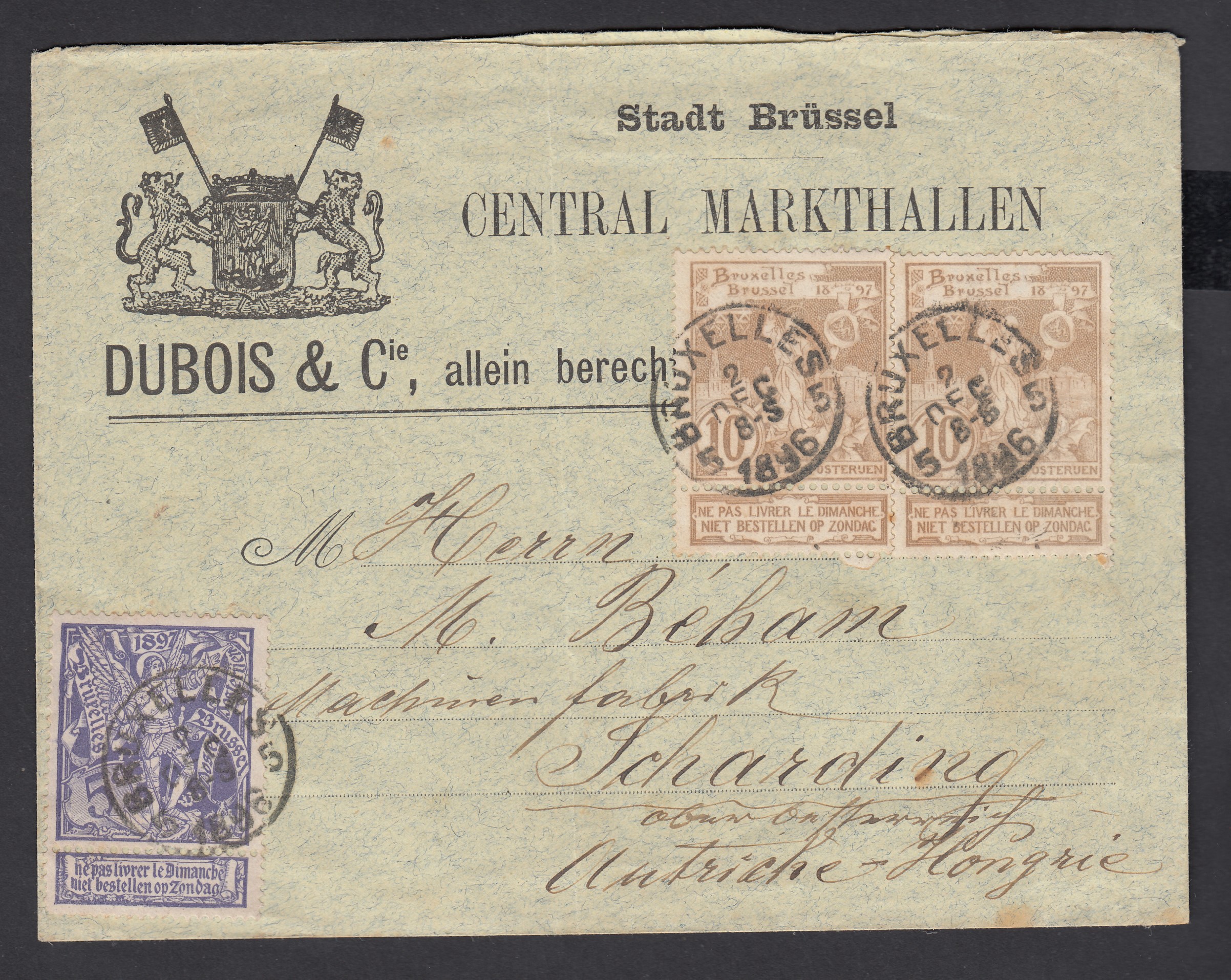 n°71 +73 en paire sur lettre illustrée « Stadt Brussel /CENTRAL MARKTHALLEN » de BXL. le 2 dec.1896 vers Scharding, Autriche-Hongrie. Càd au verso.