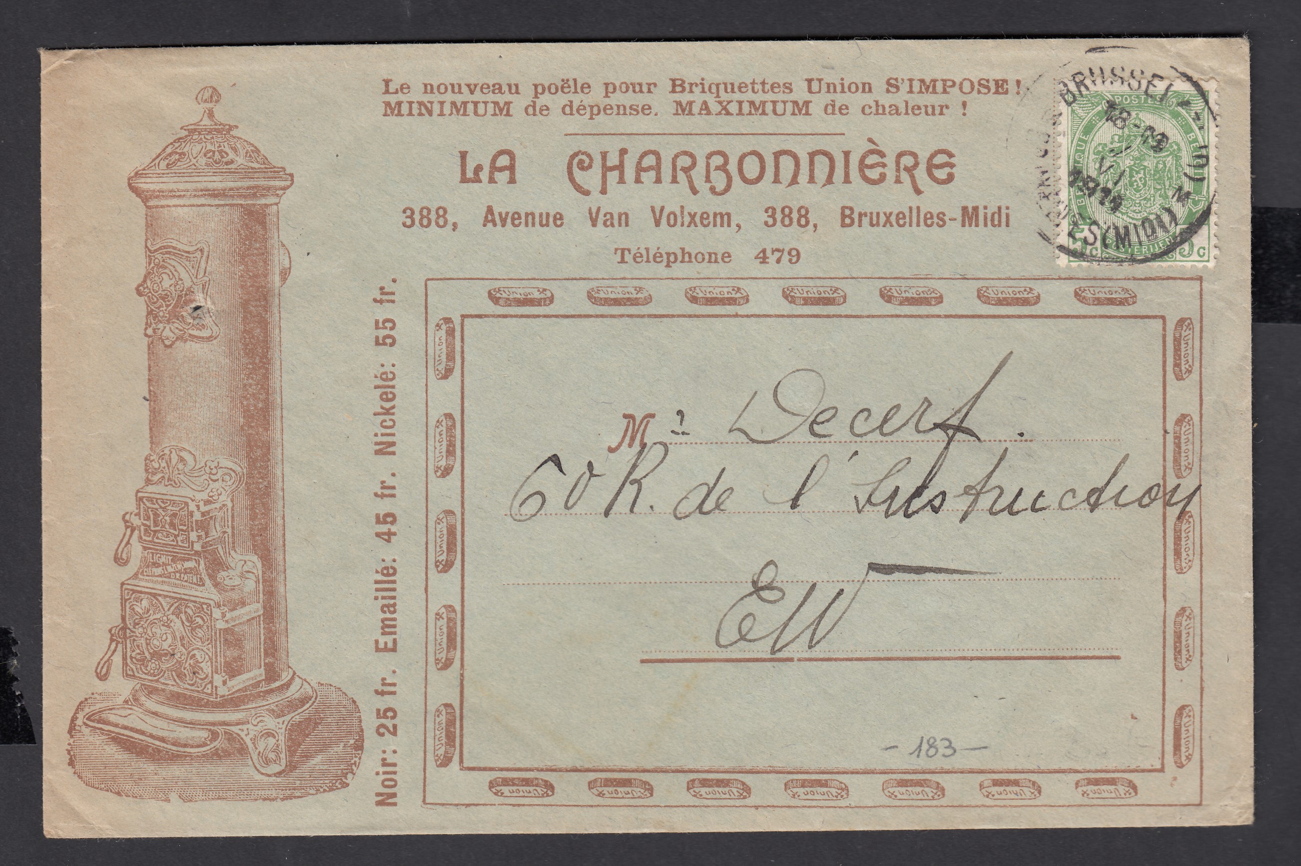 n°83 sur lettre publicitaire illustrée « La Charbonnière » de BXL. (Midi) le 2.VI.1911 vers BXL..