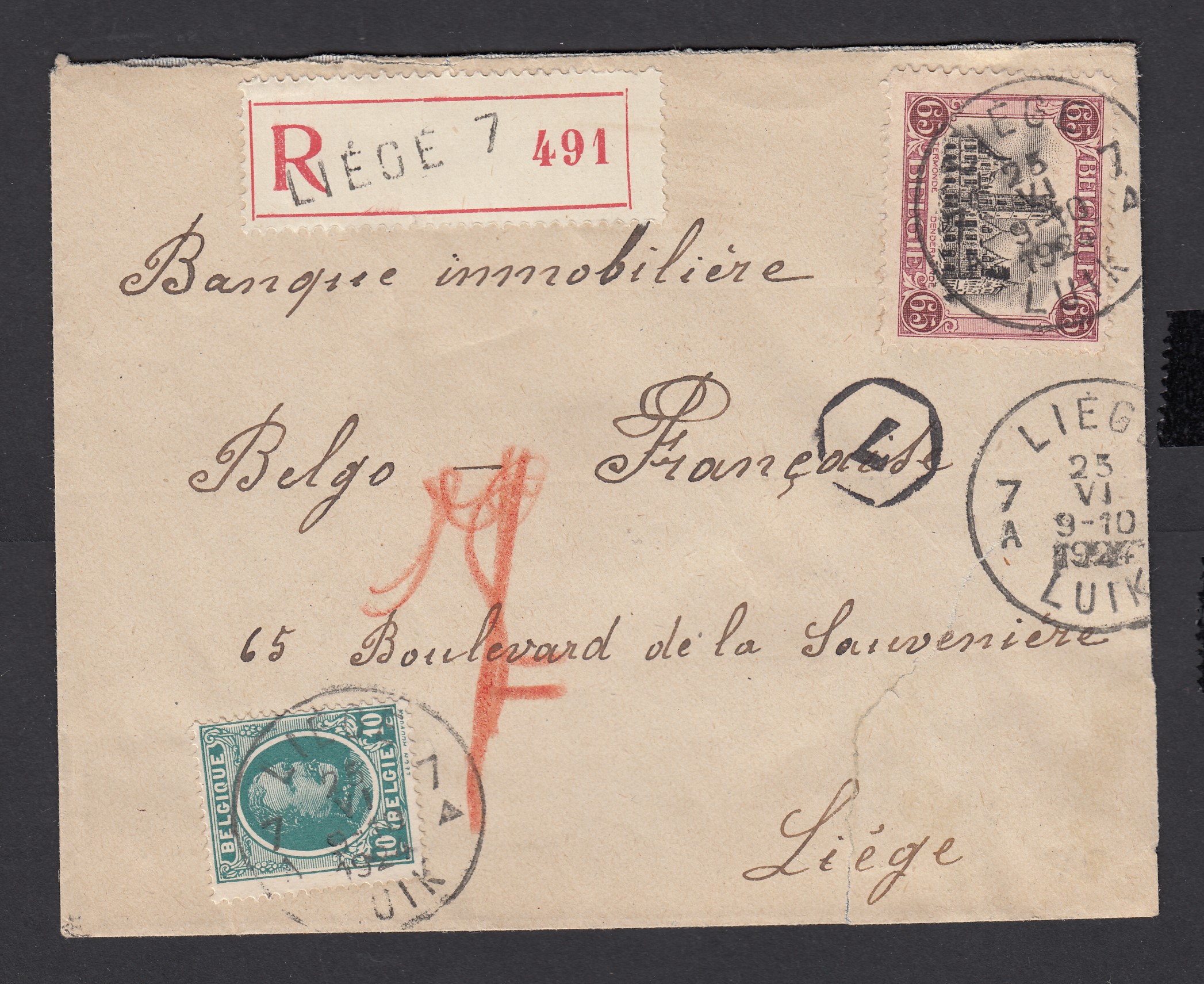 194 +182 sur lettre en recommandé de et vers Liège le 23.VI.1924.
