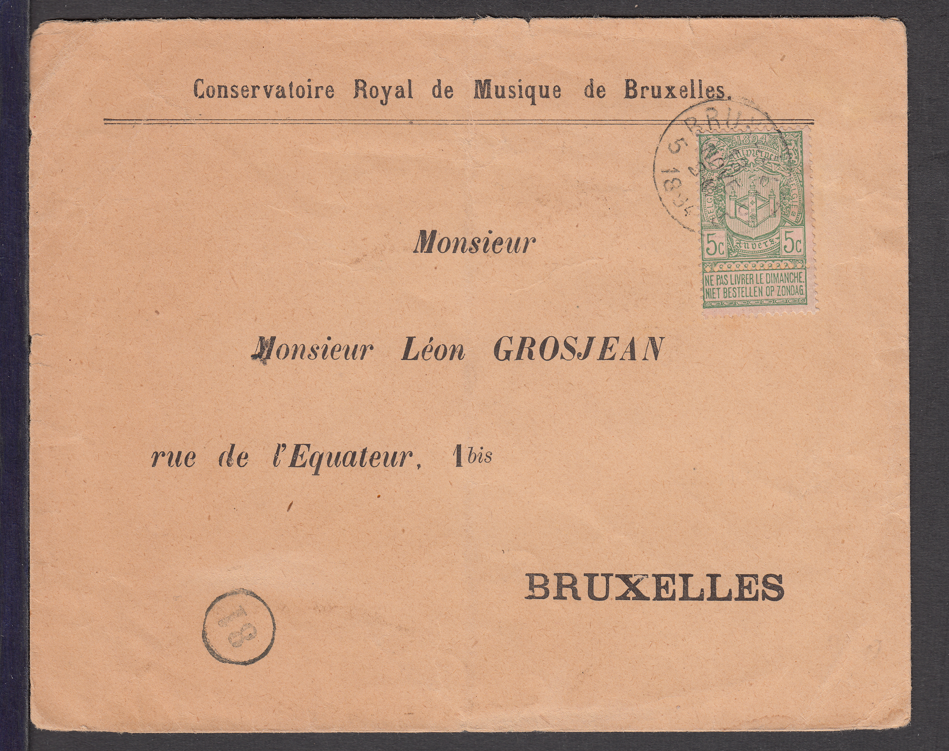 Expositions - n°68 sur lettre à entête "Conservatoire Royal de Musique de Bxl" de et vers Bxl le 13 Nove 1894."