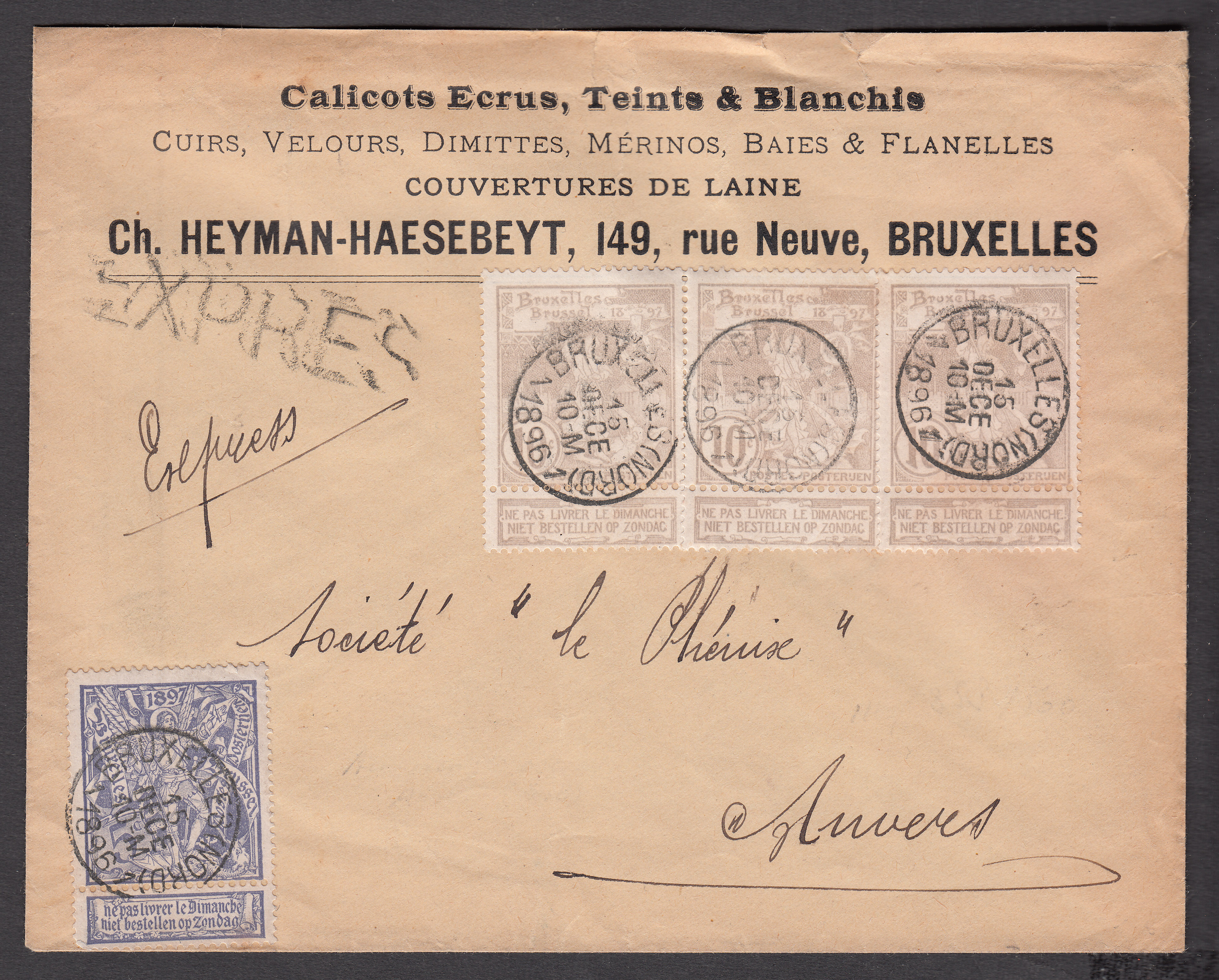 71 +72 en bande de 3 sur lettre à entête commerciale, en exprès de Bxl le 15 dece 1896 vers Anvers. Cachet d'arrivée au verso.