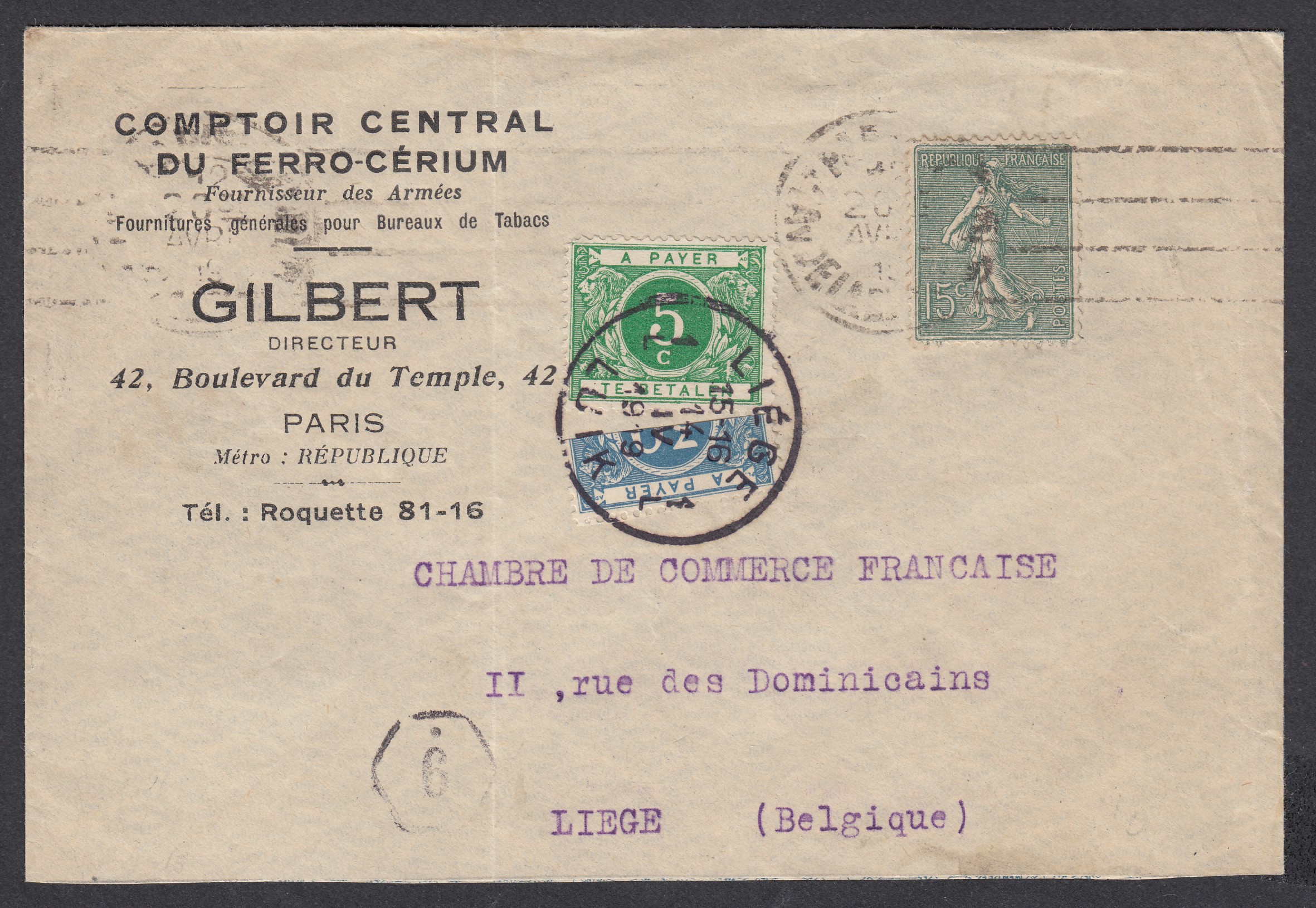 Semeuse - Yv 130 sur lettre à entête commerciale de Paris vers Liège. Taxée 20c à l'arrivée ( Tx 12 +1/2 Tx 15 ) le 14.IV.1919.