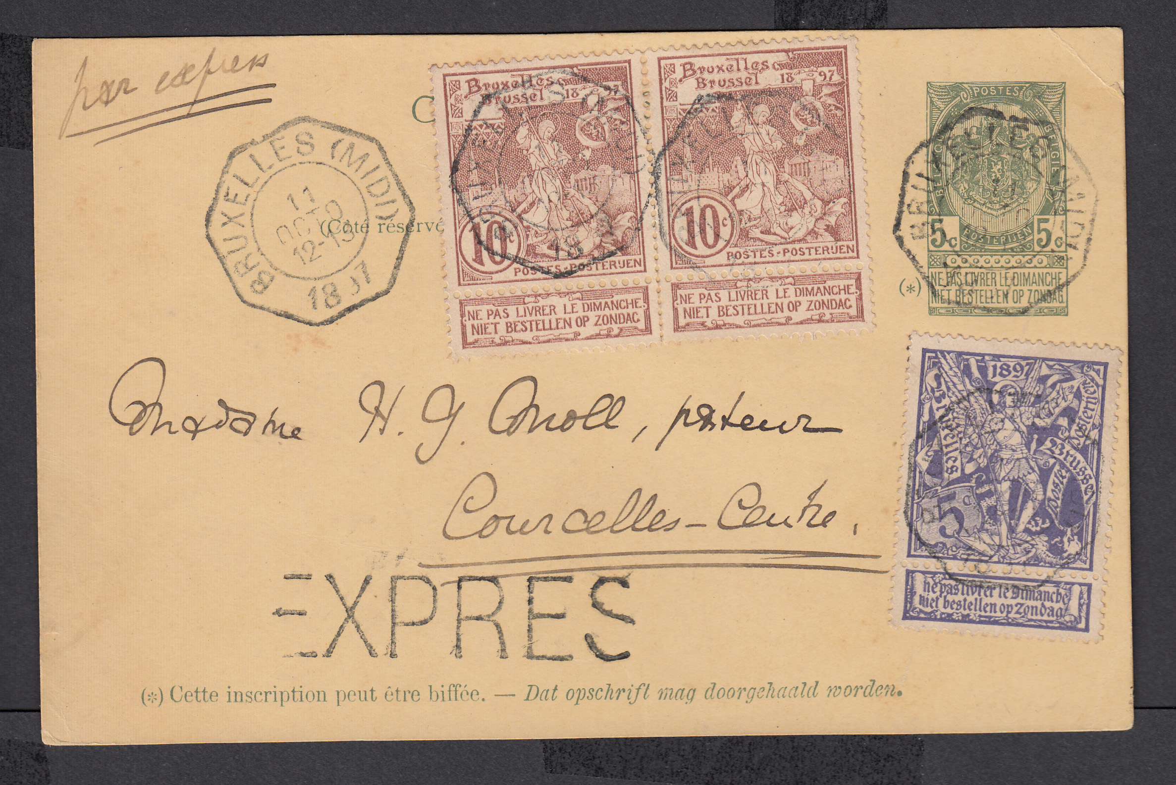 EP au type 5ctm vert + n°71 et 72 x2 en expres çàd obl télégraphique "Bruxelles (Midi)" > Courcelles-centre. TB"