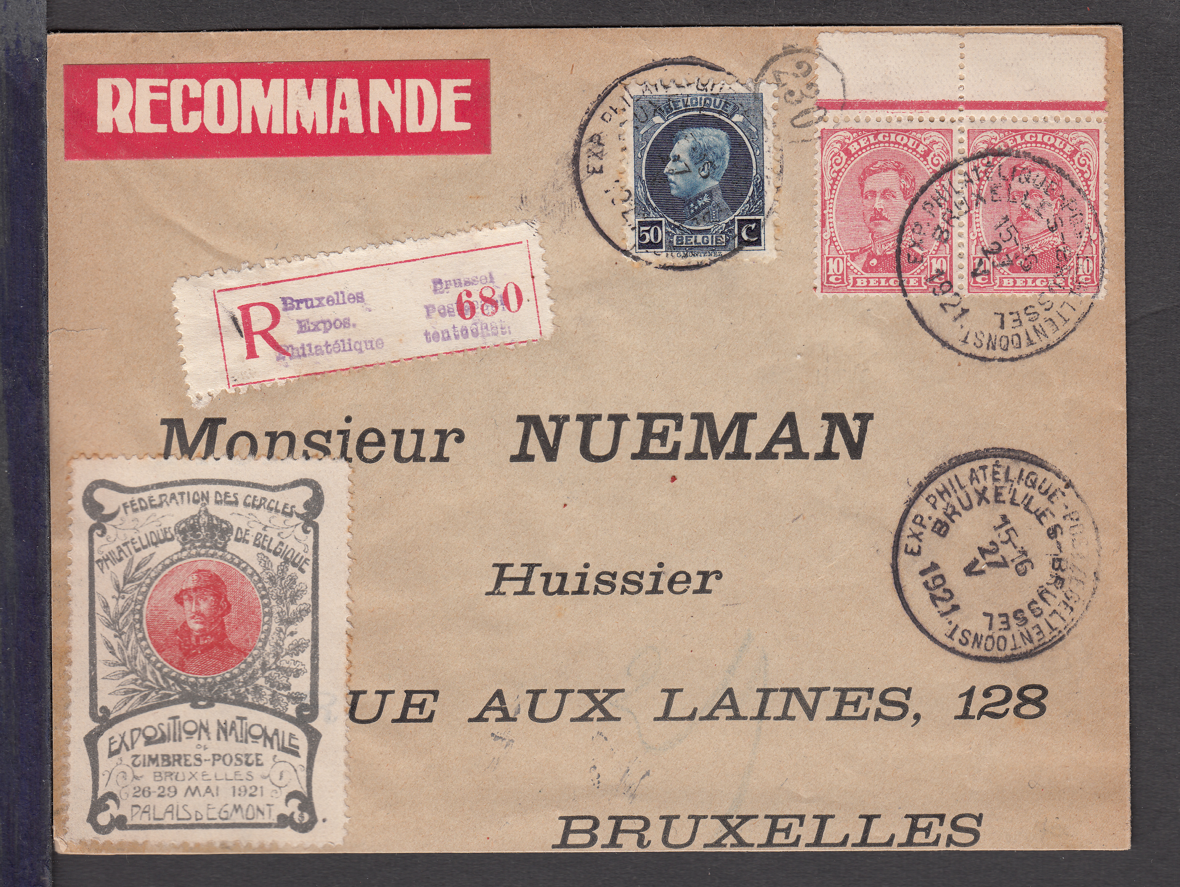 138 en paire Bdf +187 +vignette de l'expo. (Roi casqué, exposition nationale de timbre-poste) sur lettre en recommandé de Bxl Expo. Philatélique le 27.V.1921 vers Bxl.
