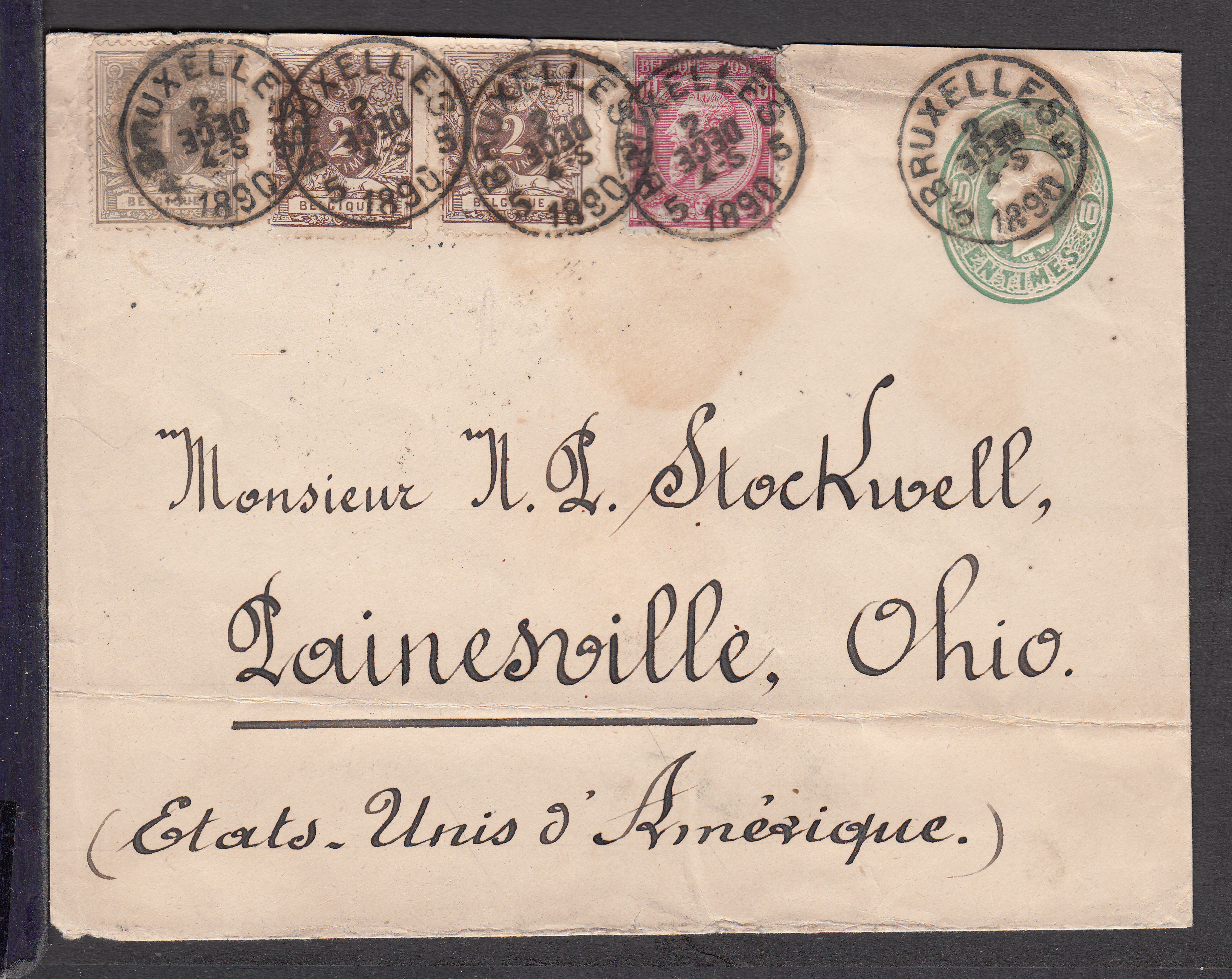 n°43 +44 x2 +46 sur Ep enveloppe de 10c de Bxl le 2 DECE 1890 vers Painesville aux USA. Cachet de passage à New-York le 13 dec +cachet d'arrivée le 14 dec 1890 au verso.