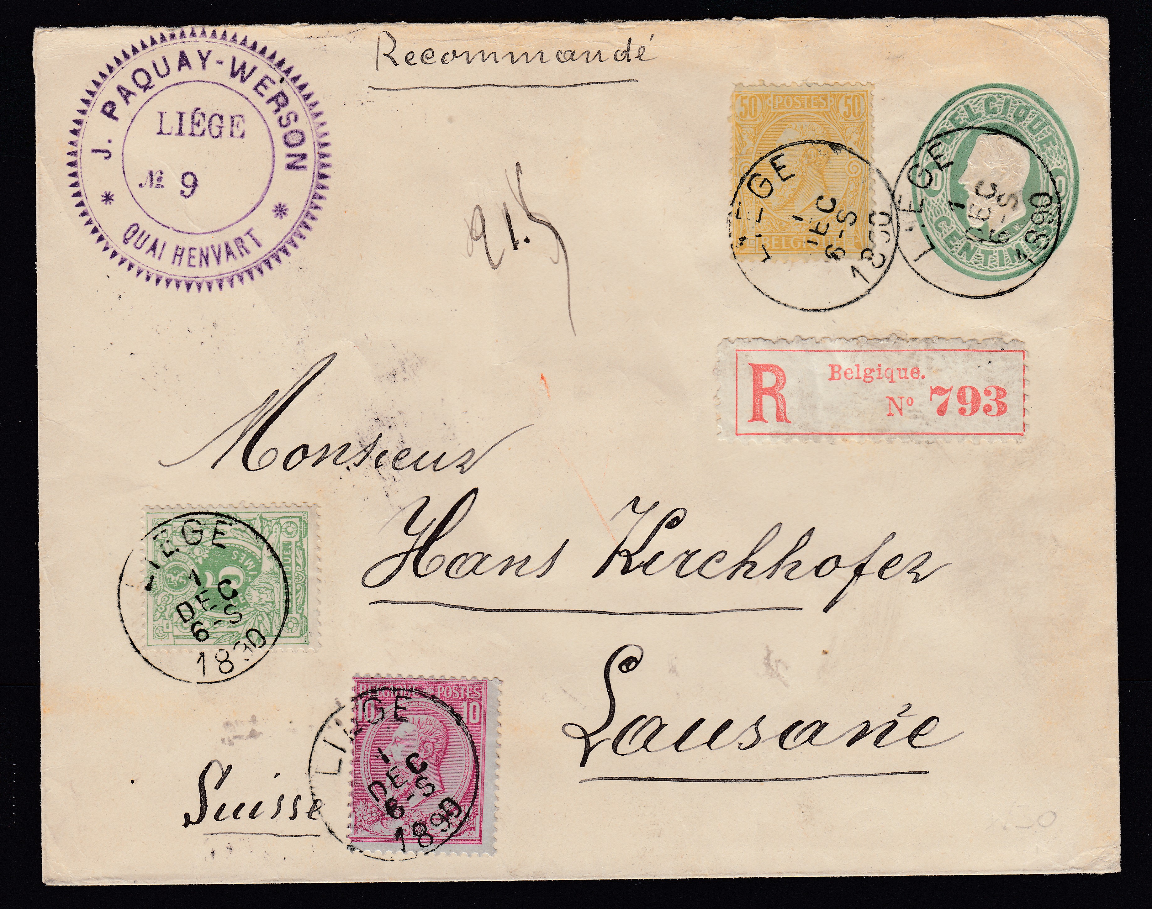n°45 +46 +50 sur Ep10c en recommandé de Liège le 1 déc. 1890 vers Lausanne en Suisse. Cachet ambulant suisse +cachet d'arrivée au verso.