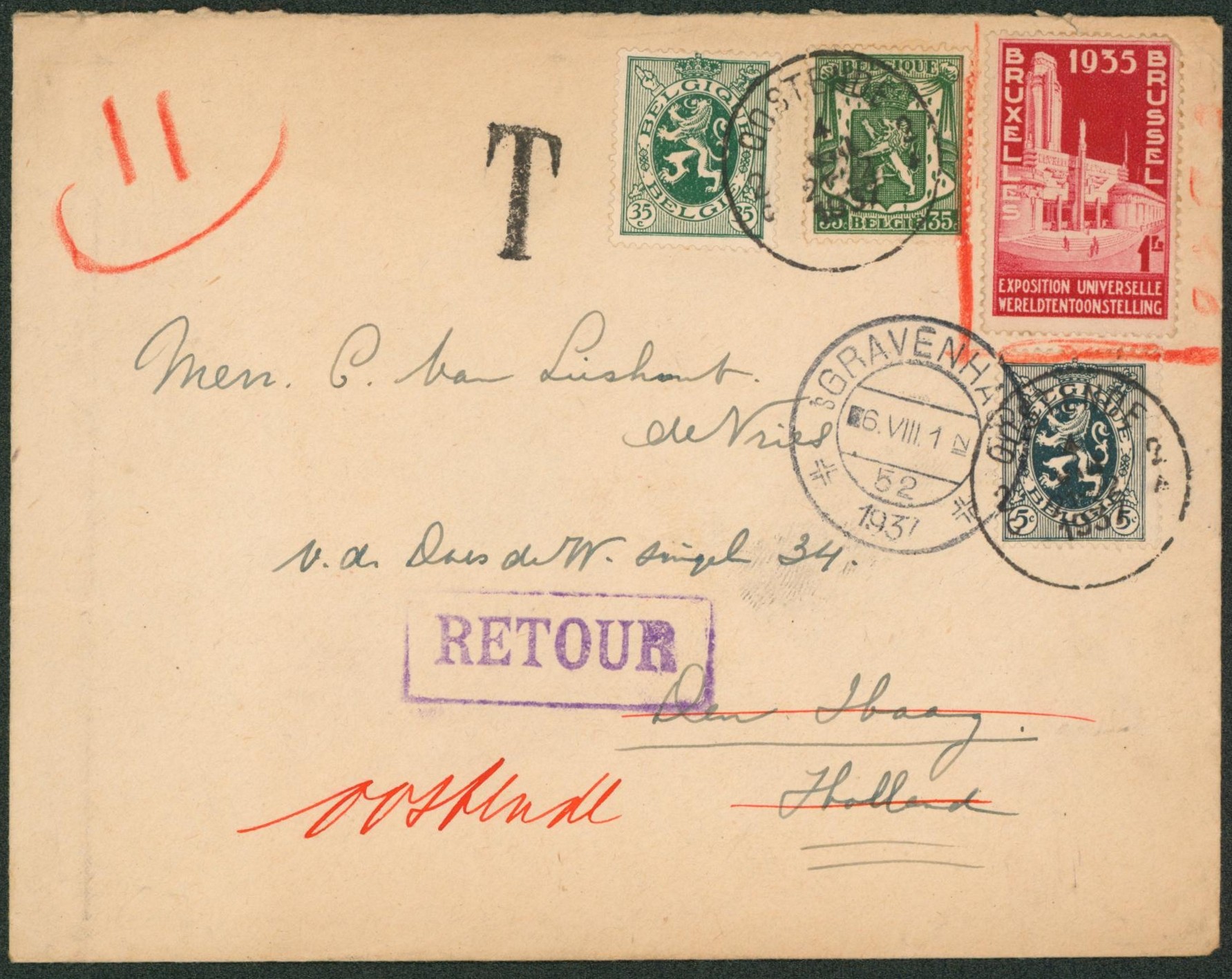 Affranch. Mixte dont n°387 hors cours expédié de Oostende > Den Haag, taxé ! Verso griffe bilingue LA RUE N EXISTE PAS A LA HAYE