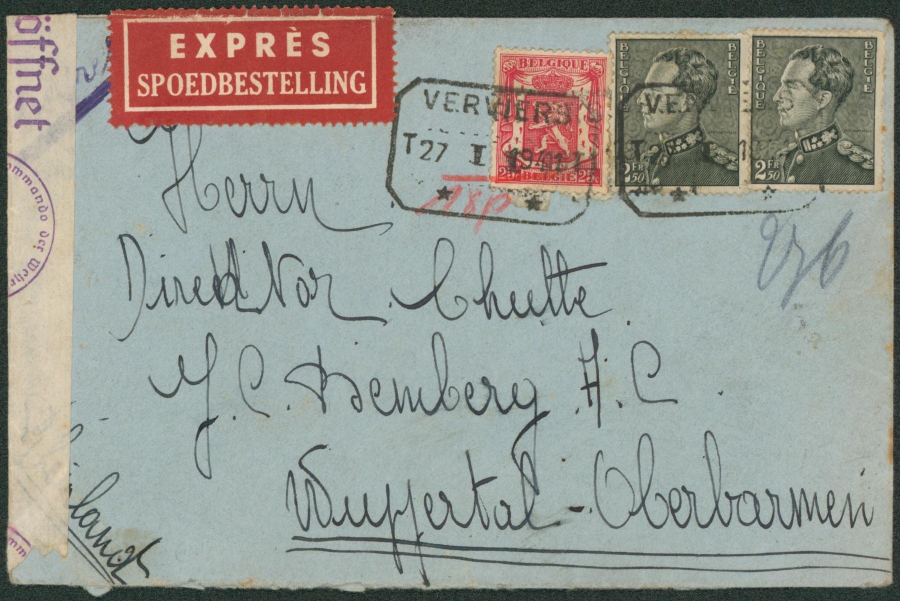 n°423 et 530 x2 sur lettre en expres obl télégraphe-téléphone (petit format, Verviers) > Wuppertal-Barmen (Allemagne) + bandelette de censure
