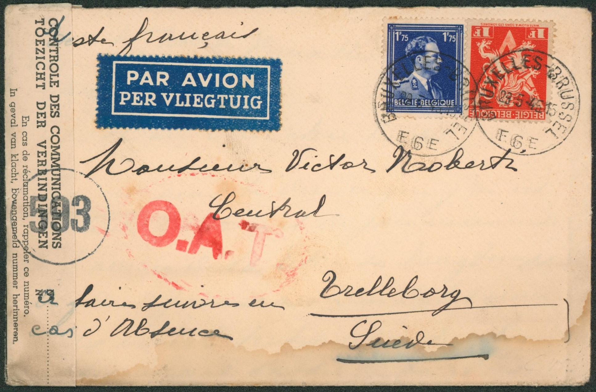 n°680 et 692 sur lettre par avion de Bruxelles + bandelette de contrrole des communications "593", griffe O.A.T. > Trelleborg (Suède)"