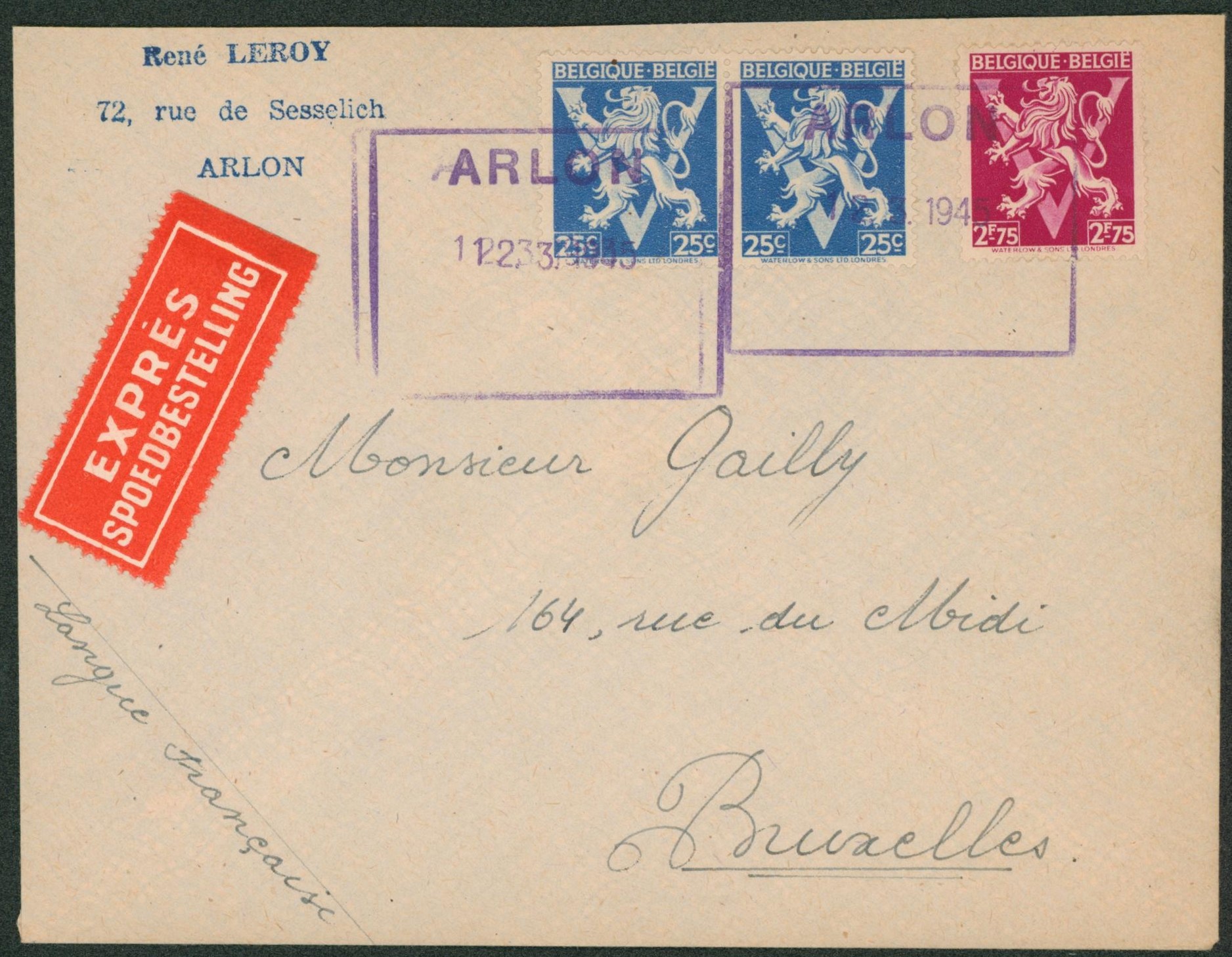 n°676 x2 et 685 sur letre en expres annulé par grand encadré de fortune ARLON > Bruxelles.