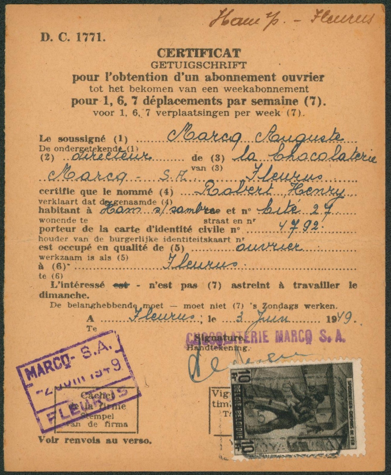 CDF - n°TR283 sur certificat pour l'obtention d'un abonnement ouvrier pour 1,6,7 déplacement par semaine, distribué à fleurus + obl chemin de fer de société MARCQ S.A. (chocolaterie)