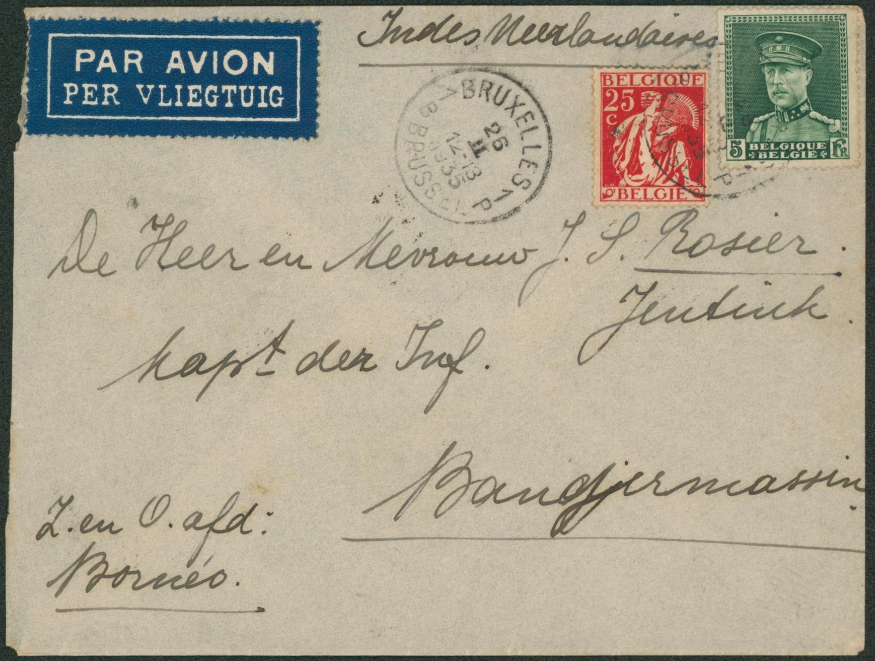 n°323 et 339 sur lettre par avion de Bruxelles > Bandjermasin (Indes néerlandaises).