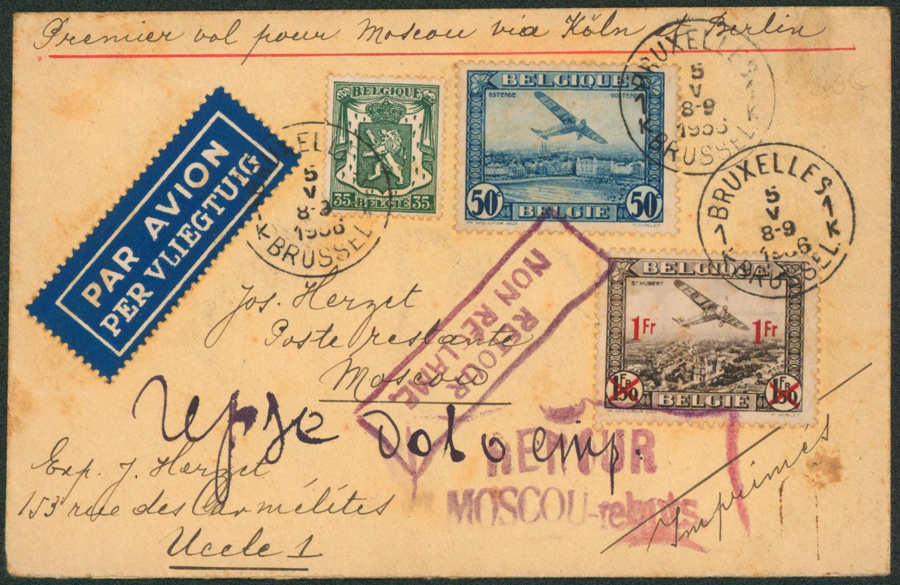 n°425, PA1 et PA6 sur lettre par avion "premier vol pour moscou via Koln & Berlin". Griffe festonné RETOUR / NON RECLAME + griffe russe "