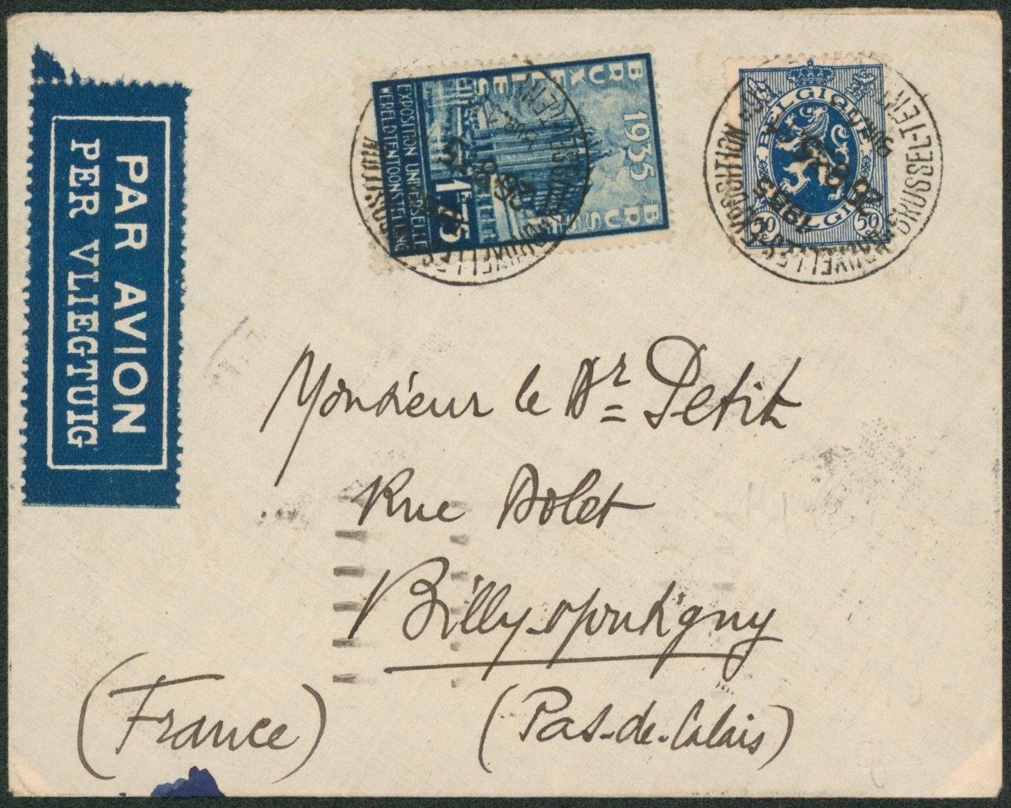 n°285 et 389 sur petite lettre expédiée de Bruxelles par avion > Billy-Montigny (Pas de calais, France)