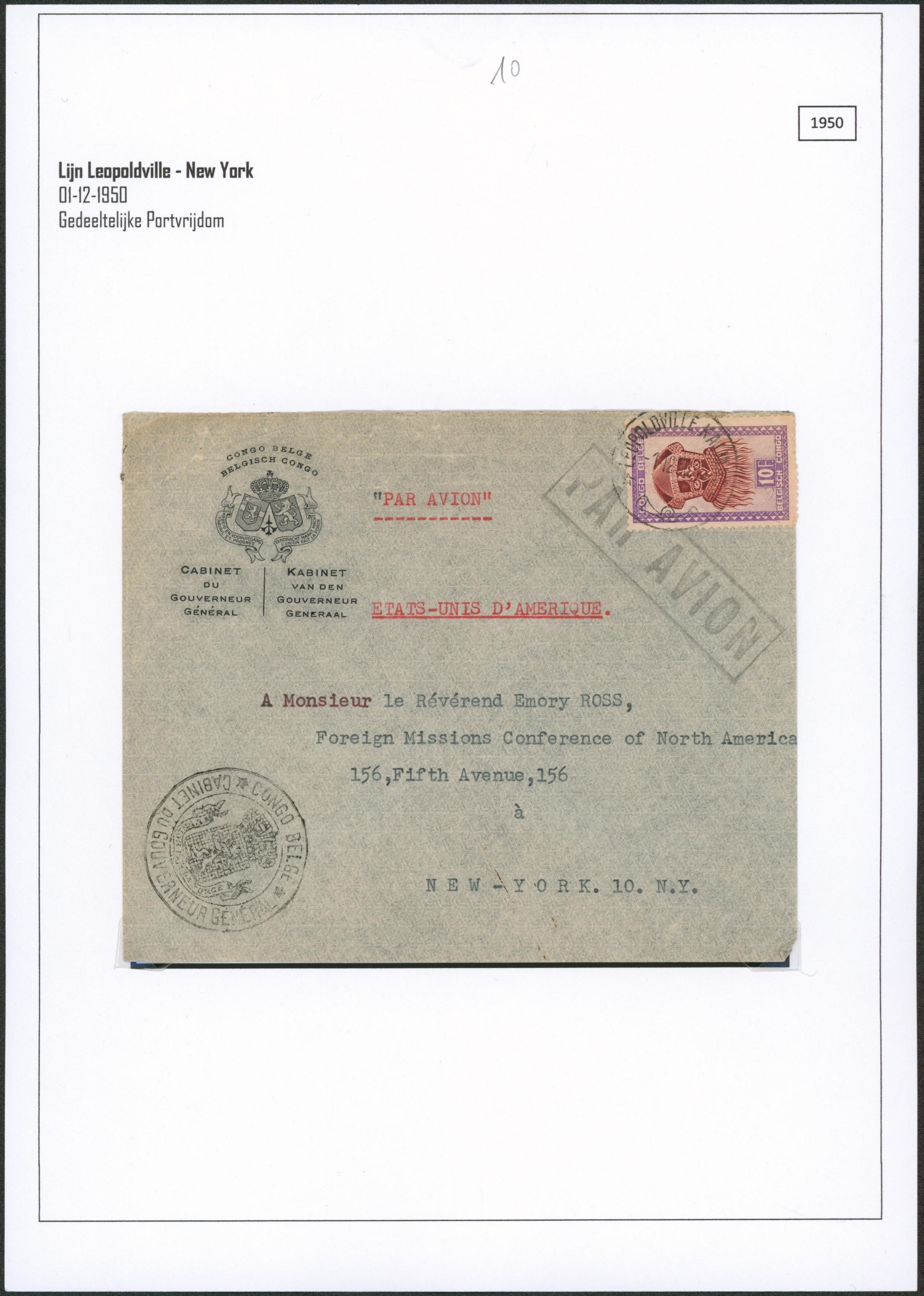 Page de collection - Congo Belge (masque 10F) sur lettre par avion çàd griffe encadrée de Léopoldville-Kalina > New-York / Cachet du cabinet du gouverneur de l'état