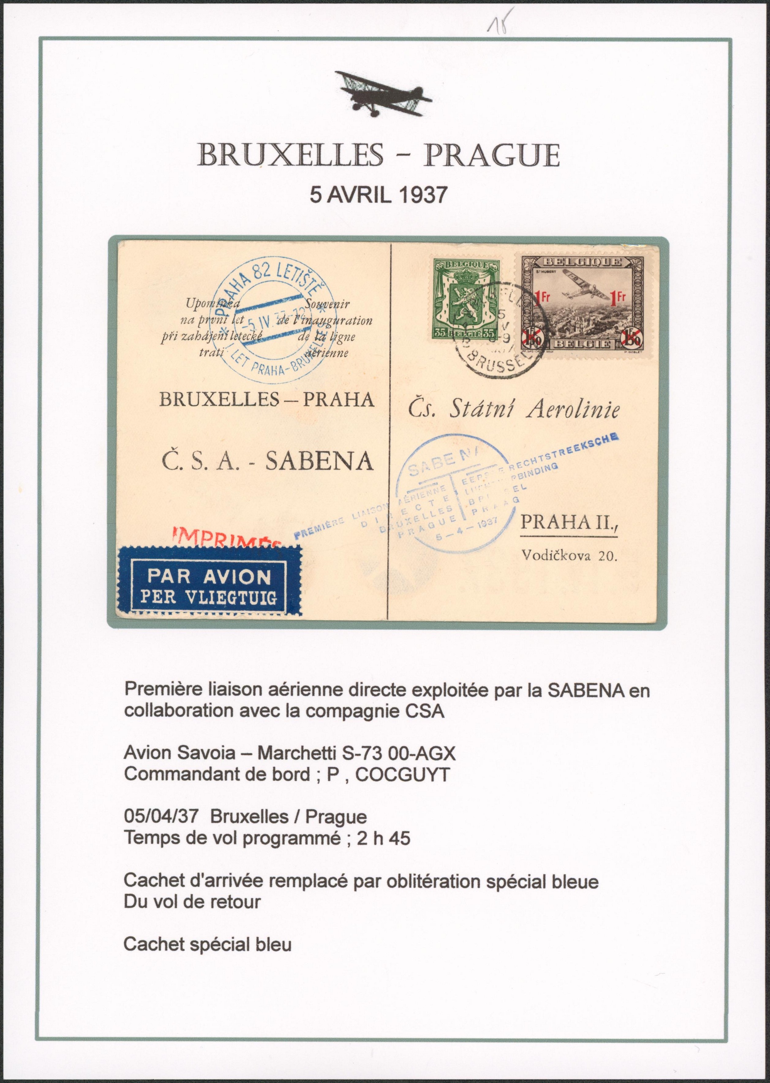 Page de collection - Carte de propagande voyagé en tarif imprimé par avion de Bruxelles > Praha / SABENA