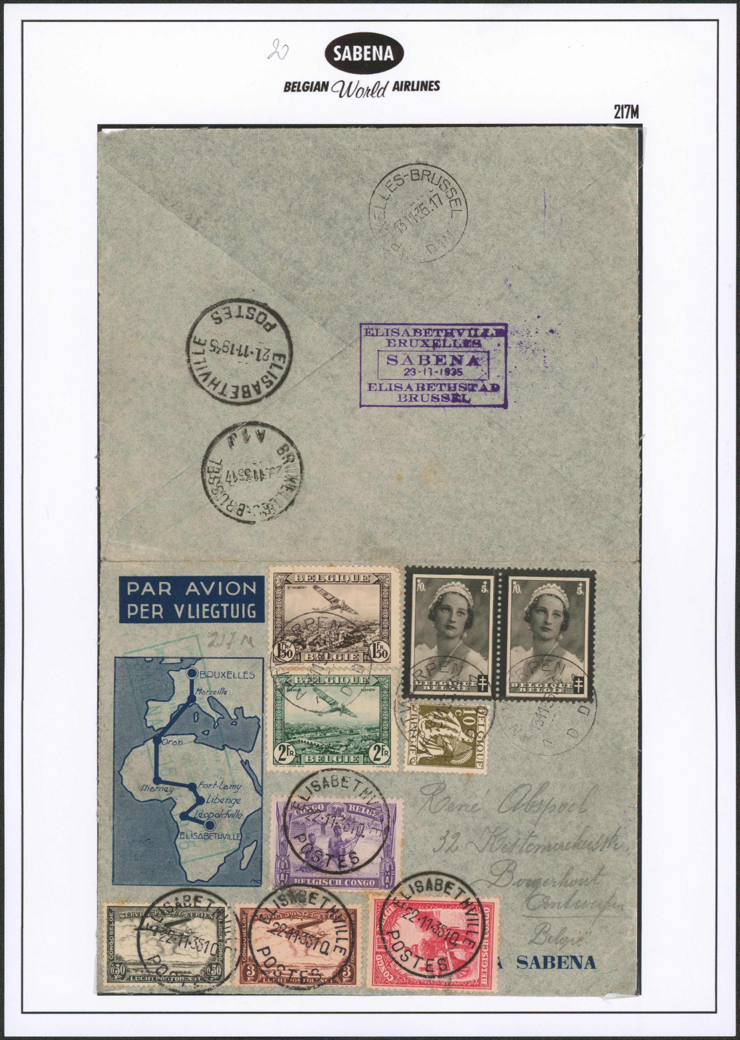 Page de collection - Vol aller-reotur sur lettre illustrée de Antwerpen via Elisabethville > Borgerhout / SABENA