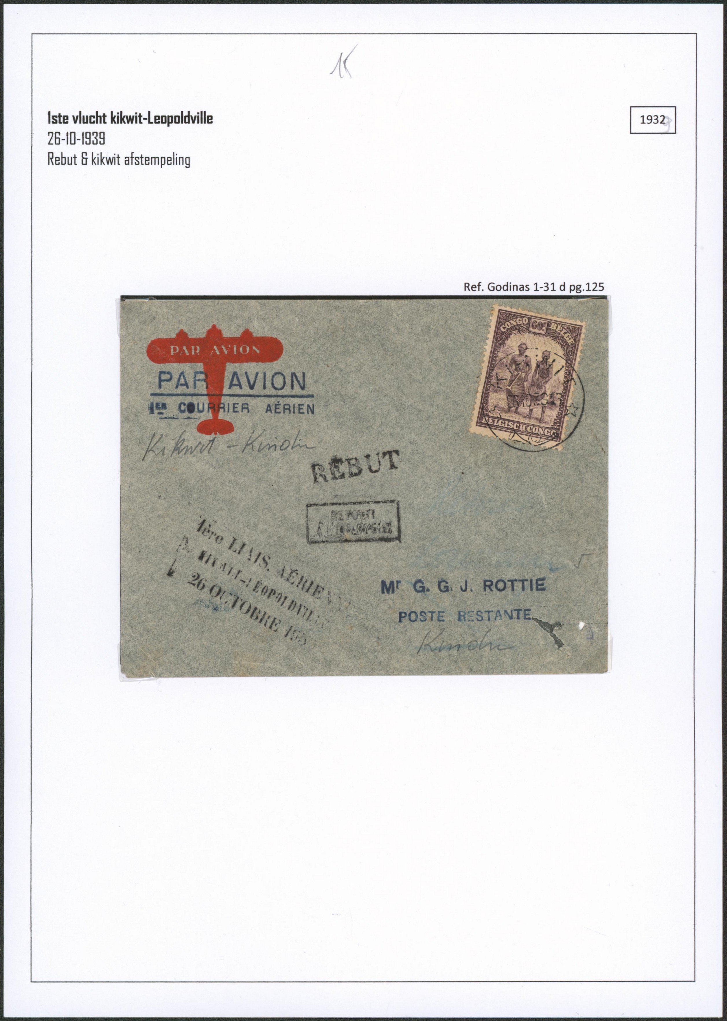 Page de collection - Congo Belge n°174 seul sur lettre expédié par avion de Kikwit > Poste restante à Kindu + griffe REBUT