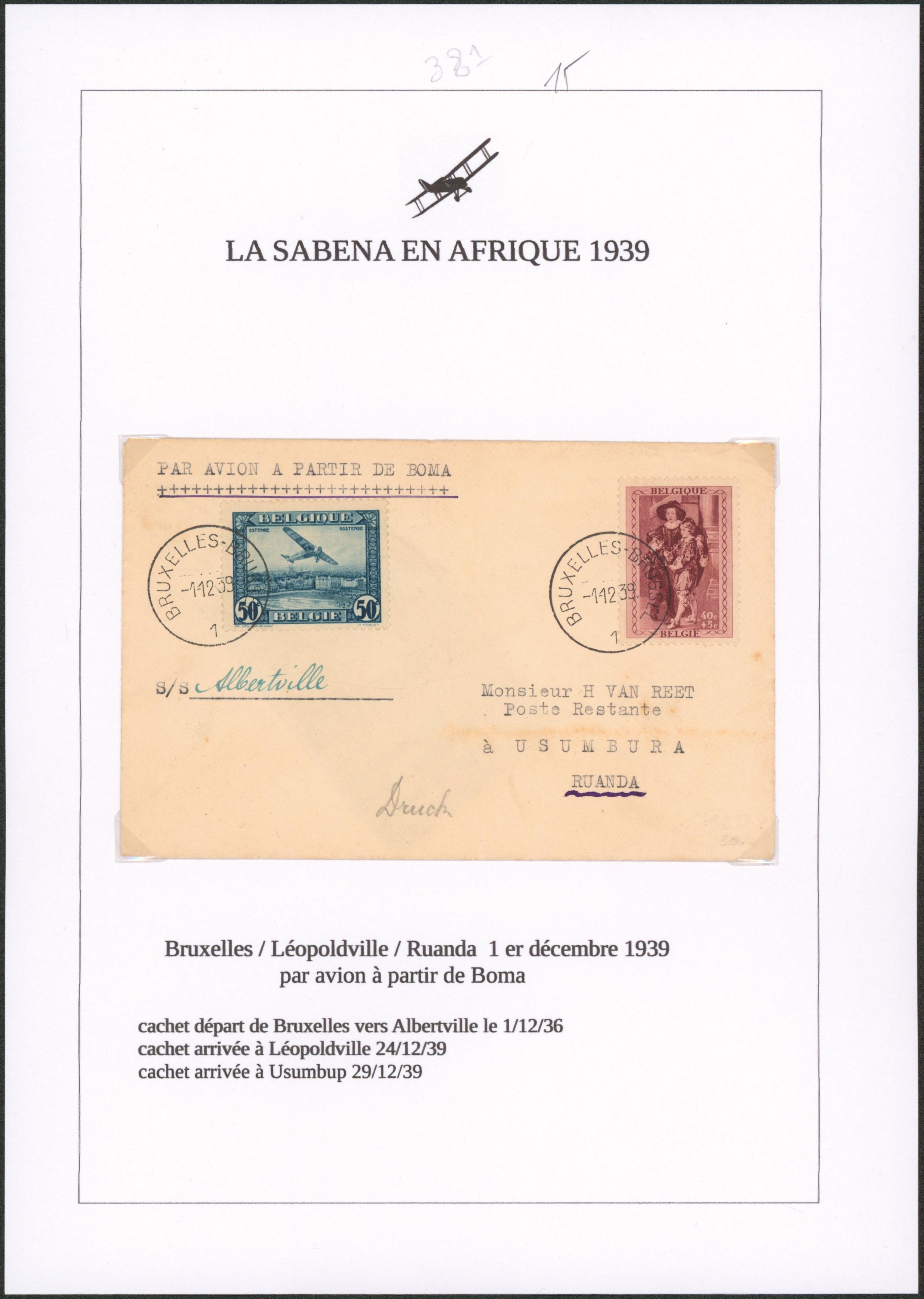 Page de collection - Affranch. Mixte sur lettre par avion de Bruxelles (S.S. Albertville) >  annotation "par avion à partir de Boma" Poste restante à Usumbura (Ruanda-"