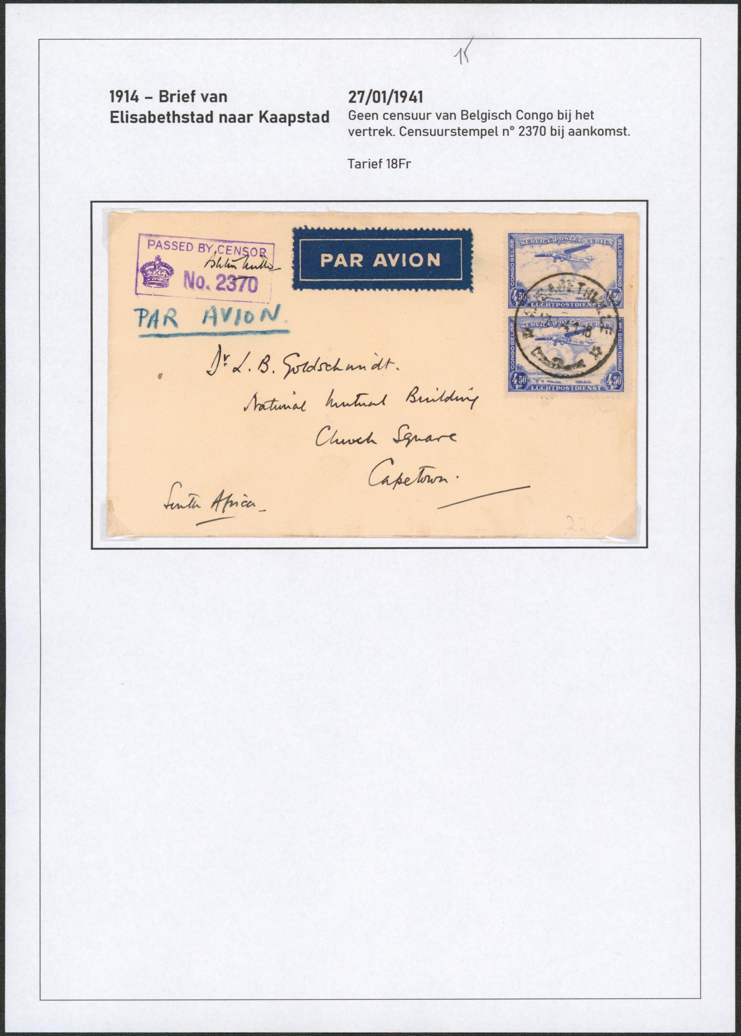 Page de collection - Congo Belge PA11 en paire sur lettre par avion de Elisabethville + censure anglaise > Capetwon (South Africa)