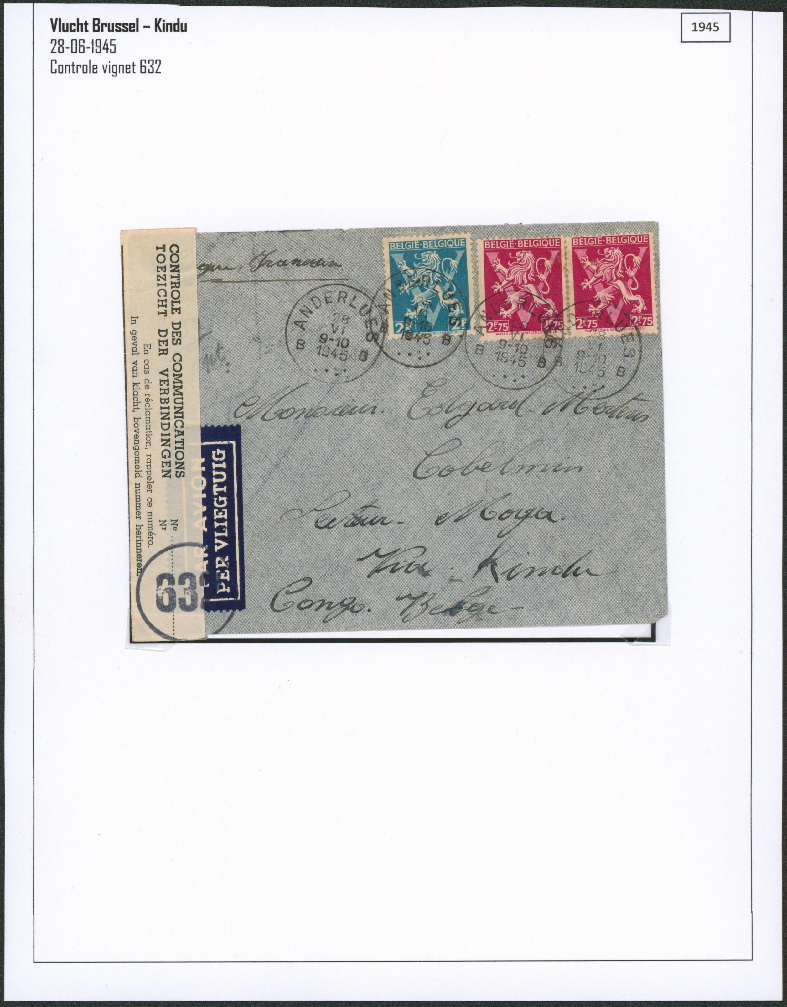 Page de collection - n°684 et 685 x2 sur lettre expédié par avion de Anderlues § bandelette de contrôle des communications "632" > Kindu (Congo Belge)"