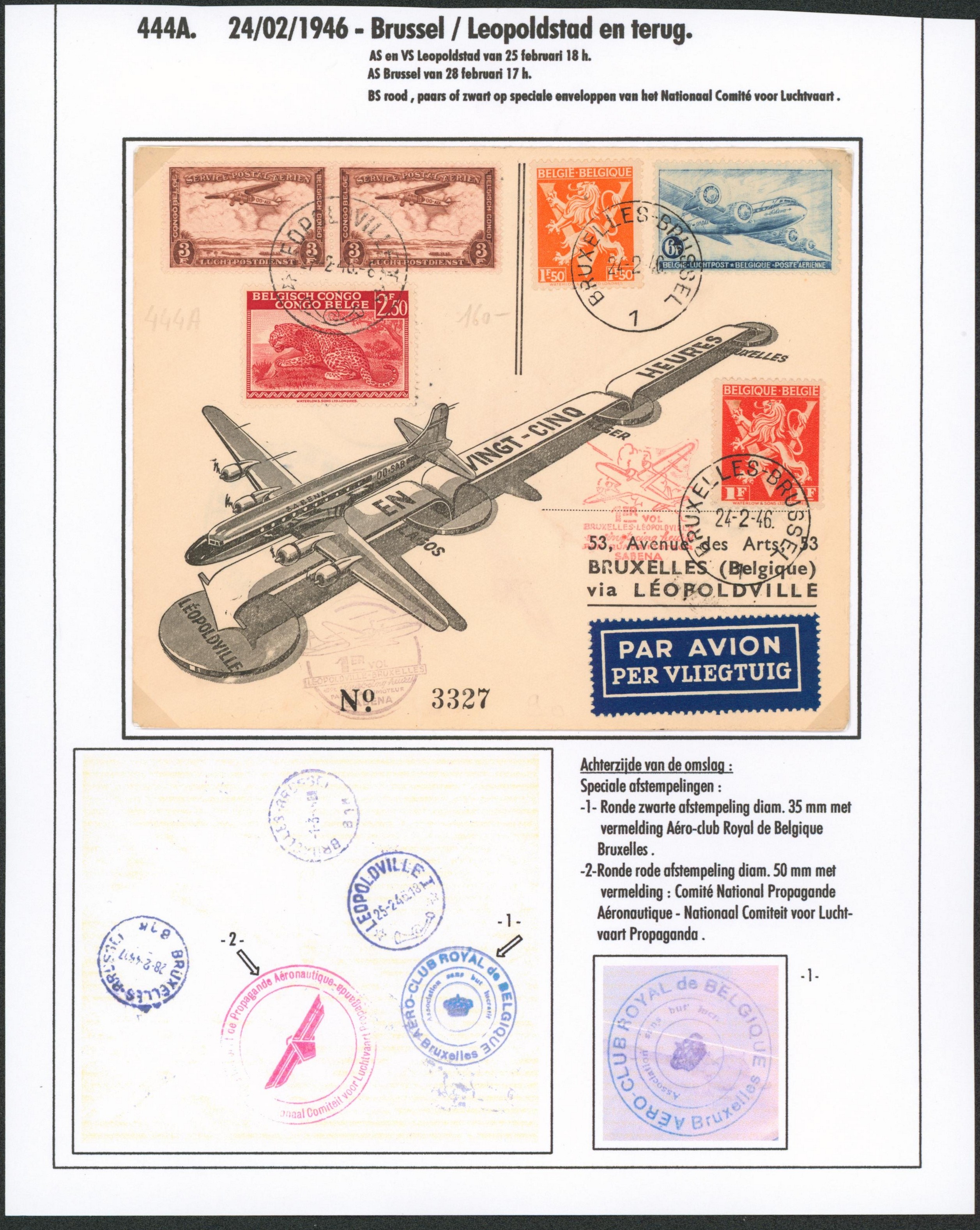 Page de collection - Affranch. mixte sur L. imprimée (en vingt cinq heures) Bruxelles via Léopoldville / Comité national, aéroclub royal.