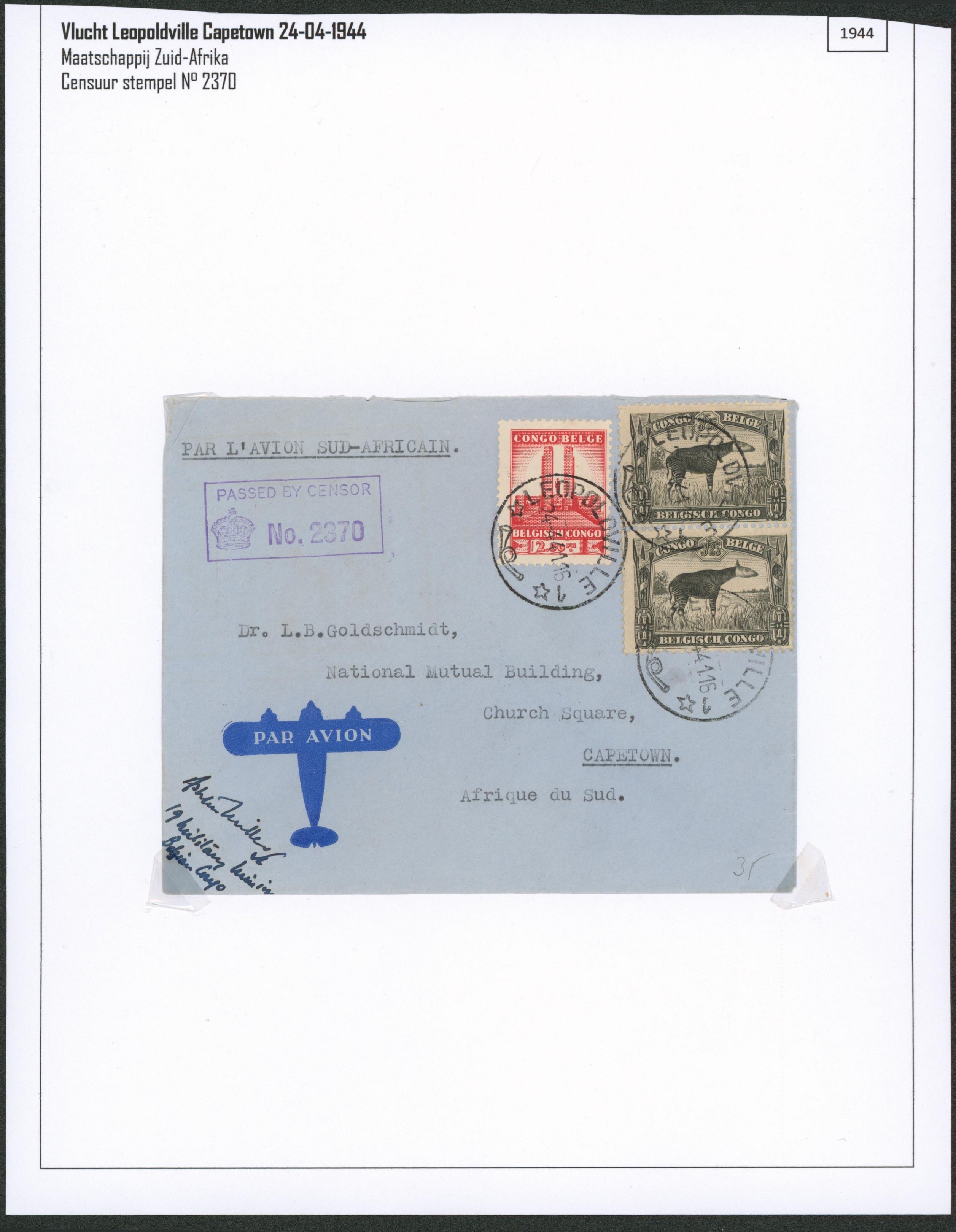 Page de collection - Congo Belge affranch. Mixte sur lettre par avion (sud-africain)  de Léopoldville > Capetown (South Africa)