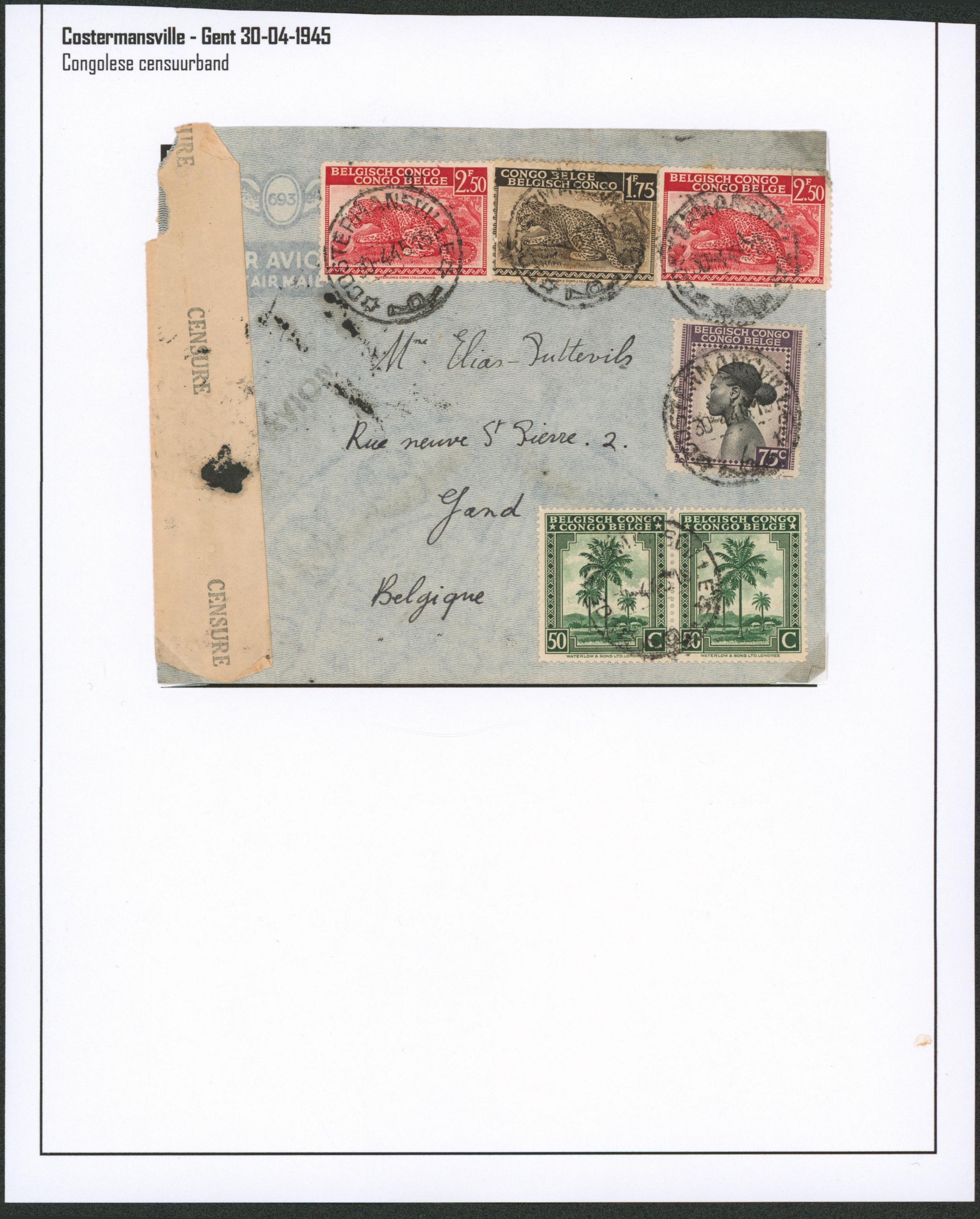 Page de collection - Congo Belge Affranch. Mixte sur lettre par avion de Costermansville + bandelette de censure > Gand. 