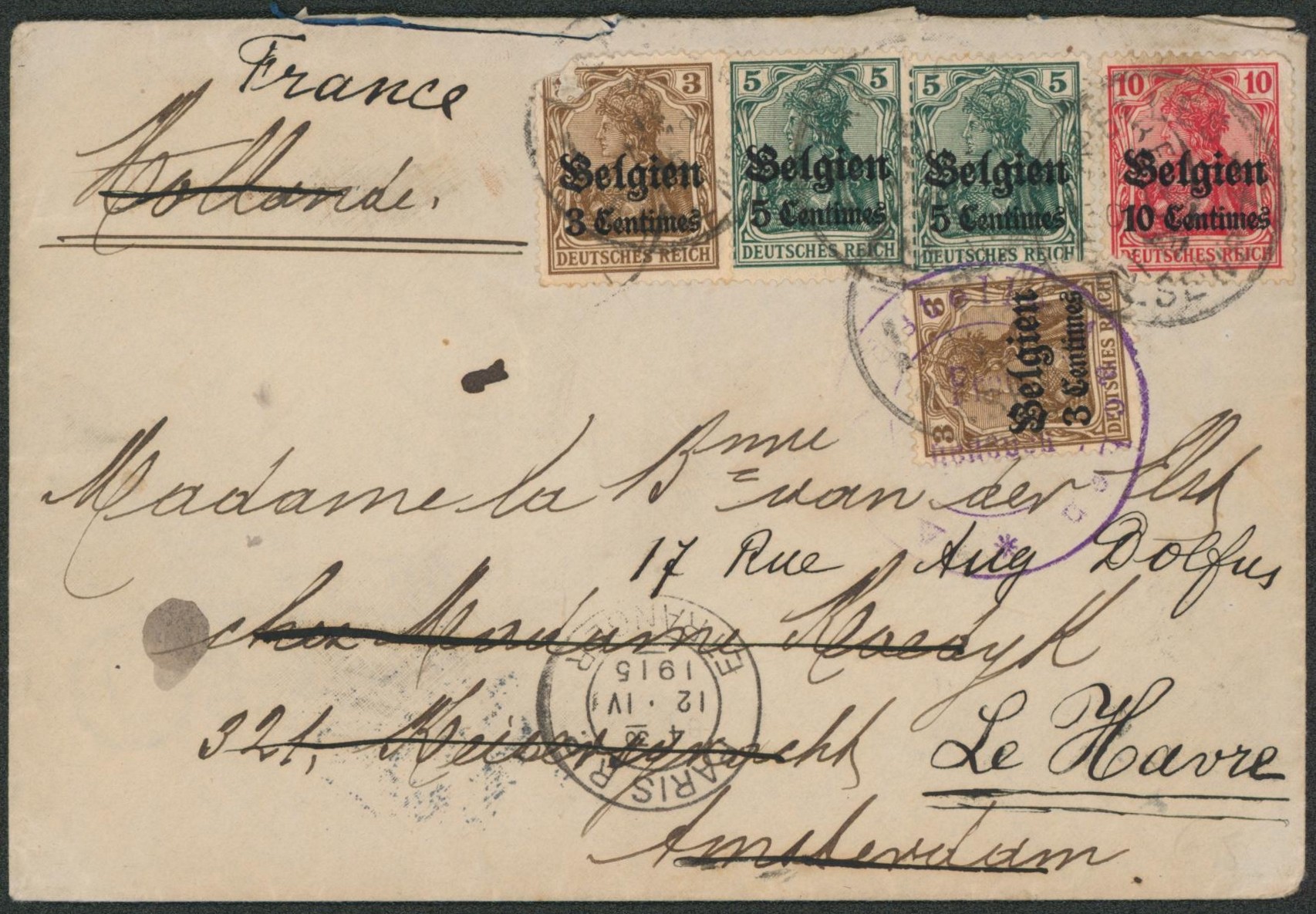 OC1 x2, OC2 x2 et OC3 sur lettre expédiée de Ixelles / Elsene > Amsterdam (Hollande) redirigé vers Le Havre (France). 