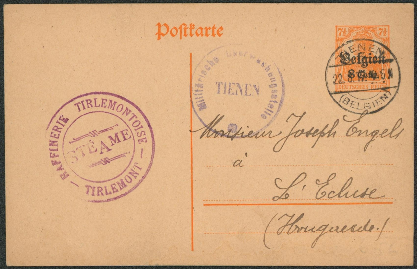 EP au type 8ctm orange obl à pont Tienen + censure Tienen & cachet privé (raffinerie tirlemontoise) > l'écluse (Hougaerde) 