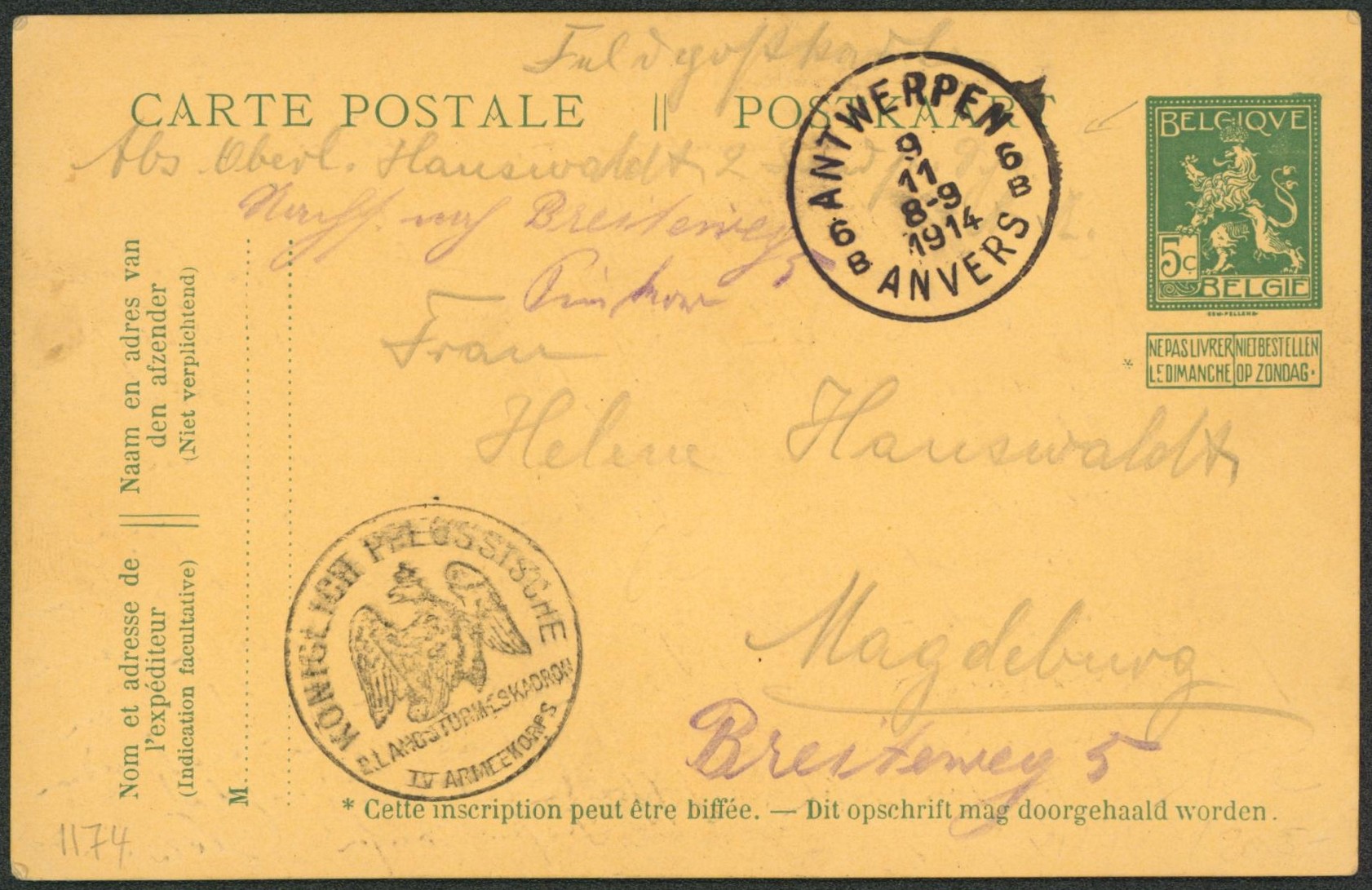 EP au type 5ctm vert Pellens utilisé en feldpost obl S.C. Antwerpen 9/11/14 + cachet E. Langstormeskadron / IV Armeekorps > Magdeburg.