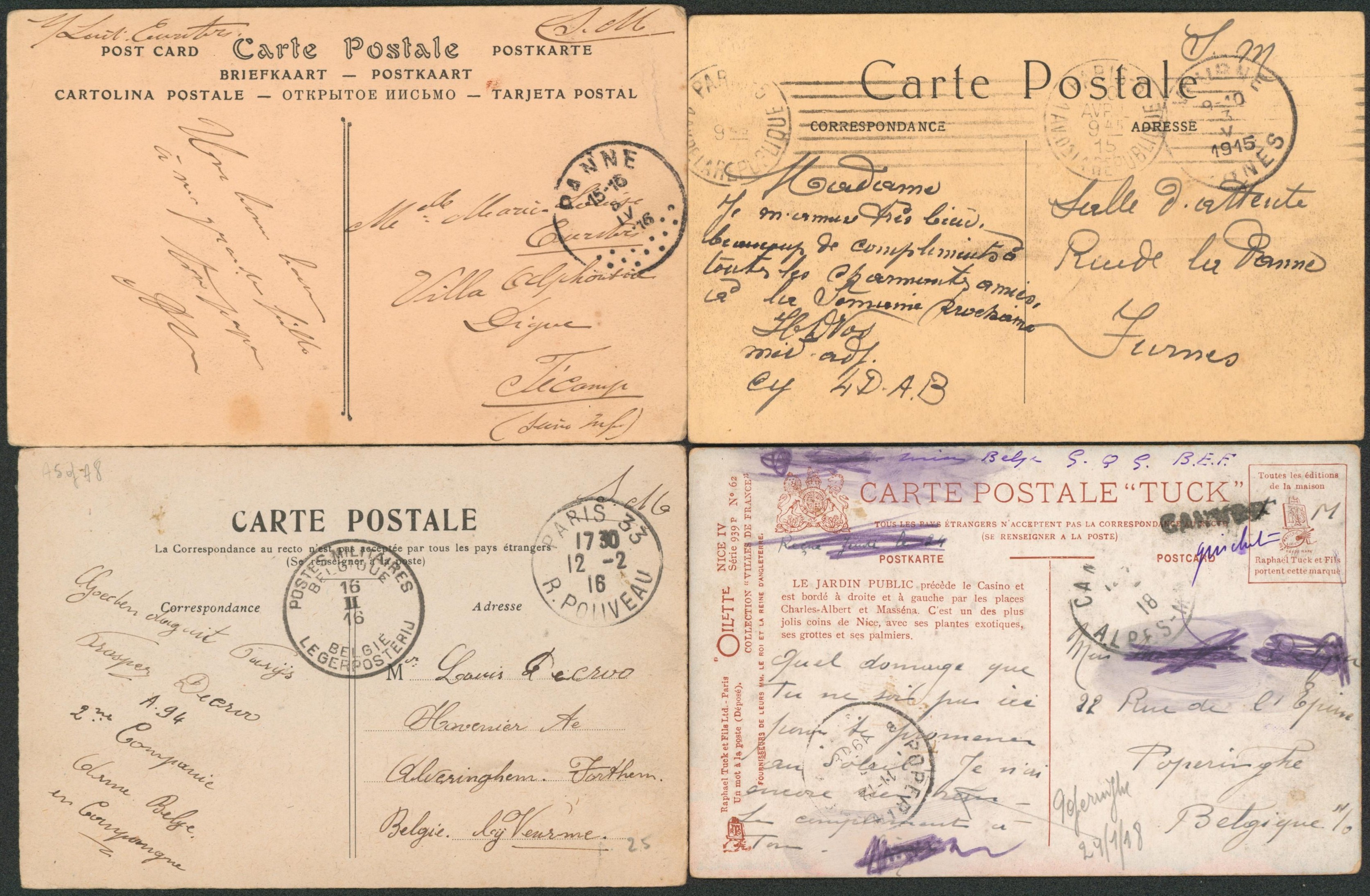 WWI (Guerre 14-18) - Ensemble de 4 CP en S.M. territoire non envahi (Panne, Veurne, Poperinghe), destination diverses, à voir! 