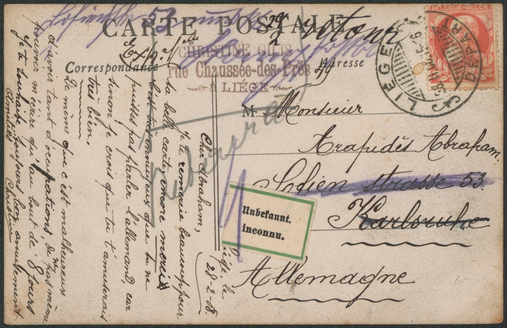 n°74 sur CP + cachet temporaire type DC à pont + fléron "Liège / départ" > Karsbruck (Allemagne) + étiquette bilingue INCONNU, retour. "
